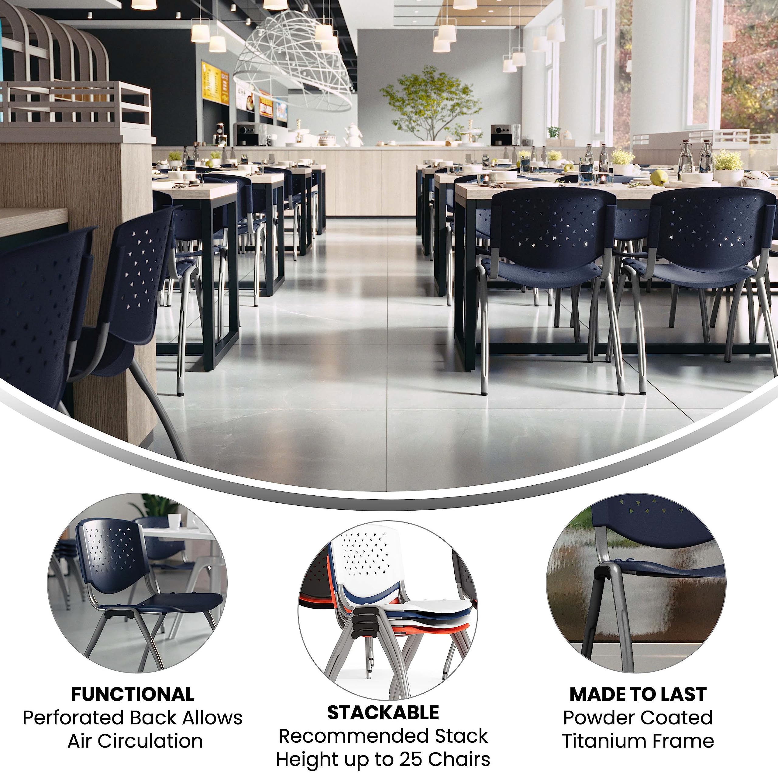 Hercules Series Plastic Contoured Lobby Chairs with Perforated Backs, Ergonomic Stacking Chairs for Offices, Set of 5, Navy