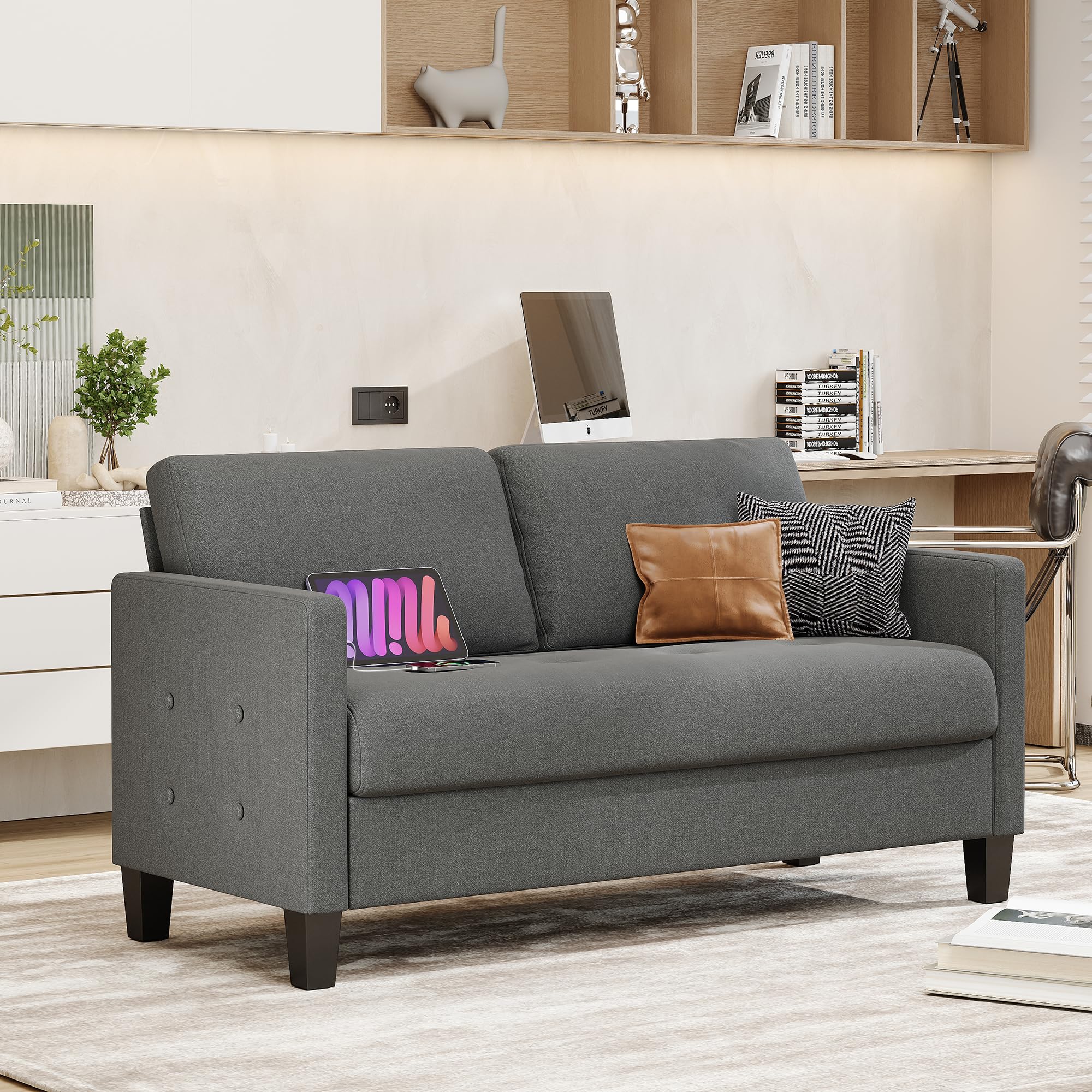 Comfy Loveseat Sofa Small Grey Couch, Small Love Seat Bedroom, Mid Century Modern Couches Living Room Dorm Office, 2 Seater Couch Deep Seat Sofas, 57”W (Dark Grey (Loveseat))