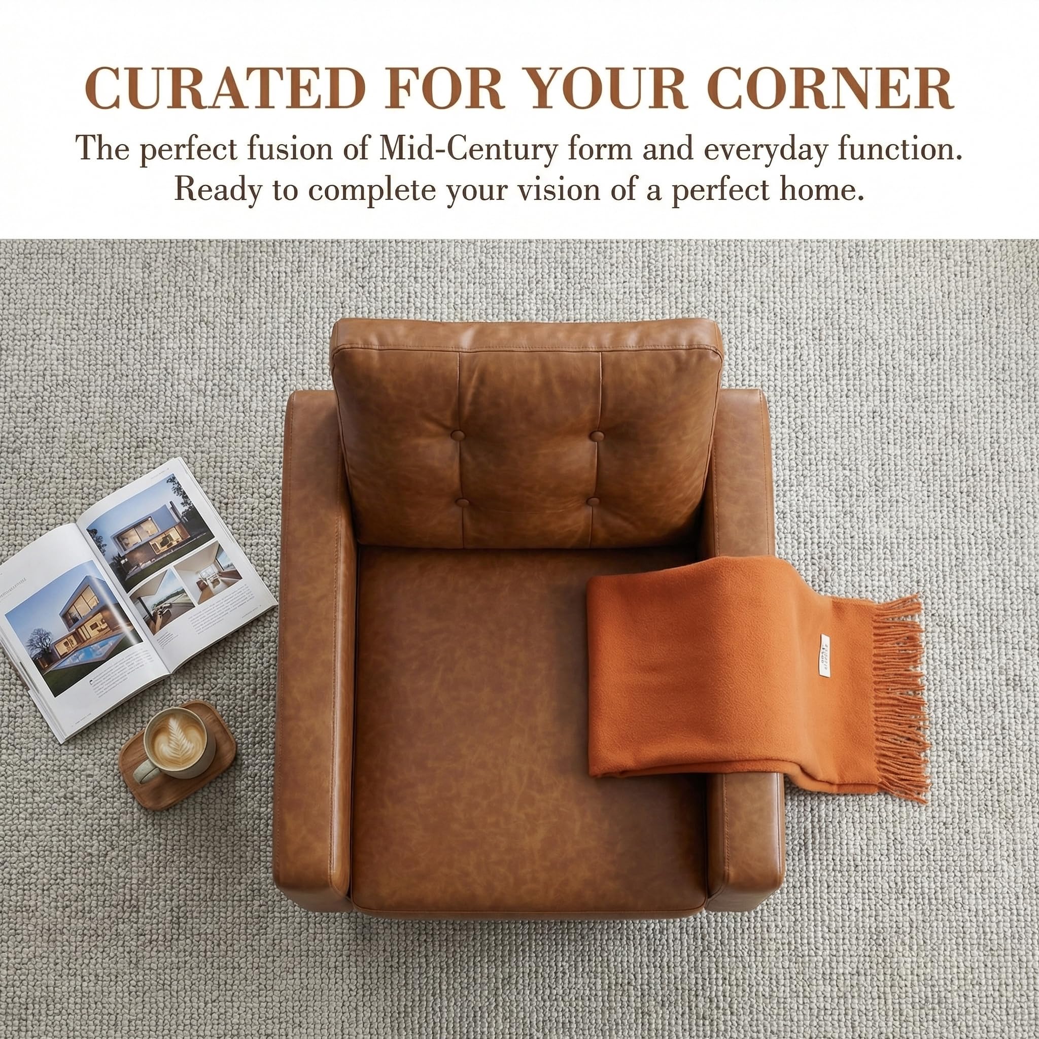Mid Century Modern Armchair, Button Tufted Faux Leather Accent Chair with Armrests, Upholstered Club Chair for Living Room, Bedroom & Office, Caramel Brown