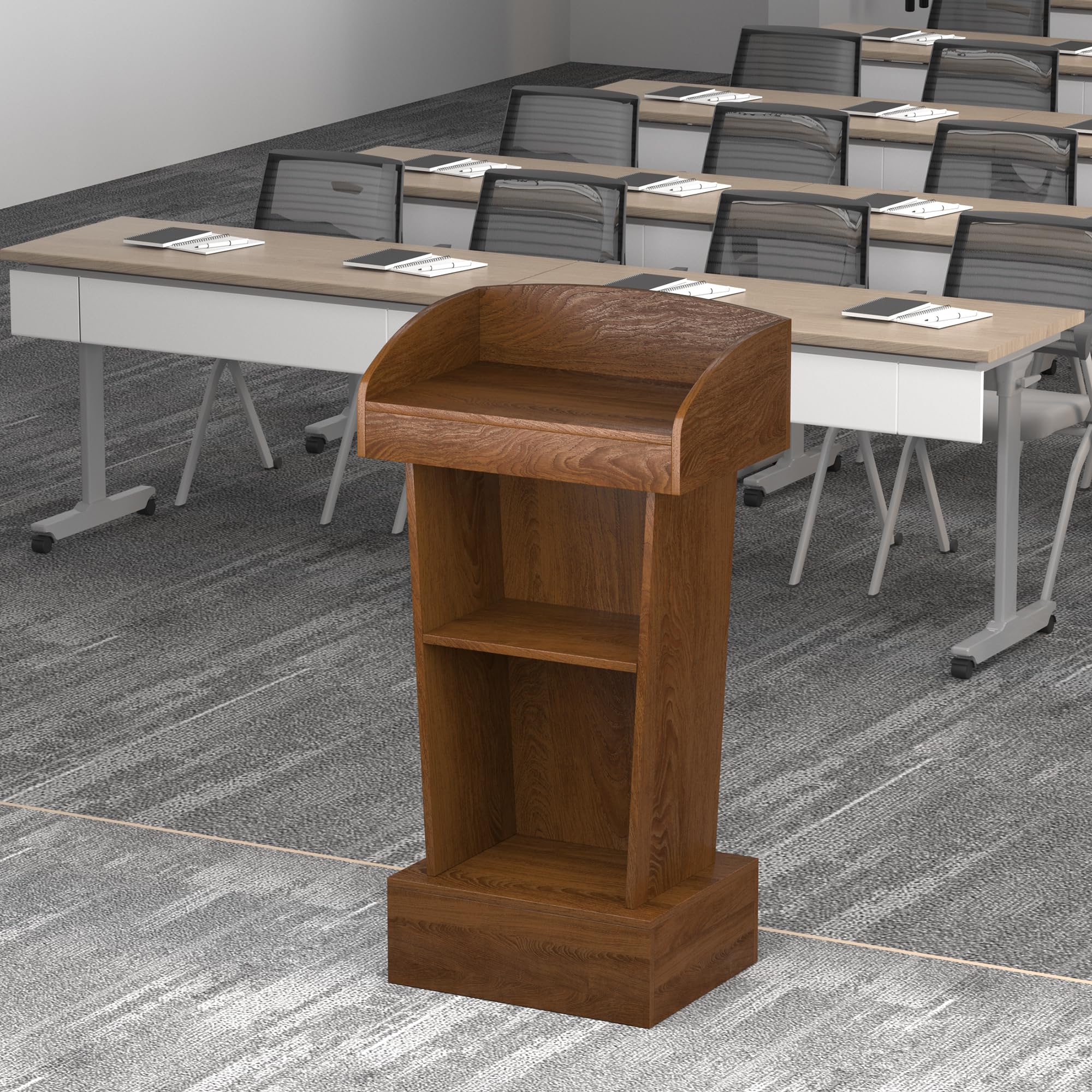 Wooden Podium Stand Lectern Walnut Color 16MM Wood Board Elegant Design with Storage Wooden Pulpit for Restaurants Churches Seminars Schools