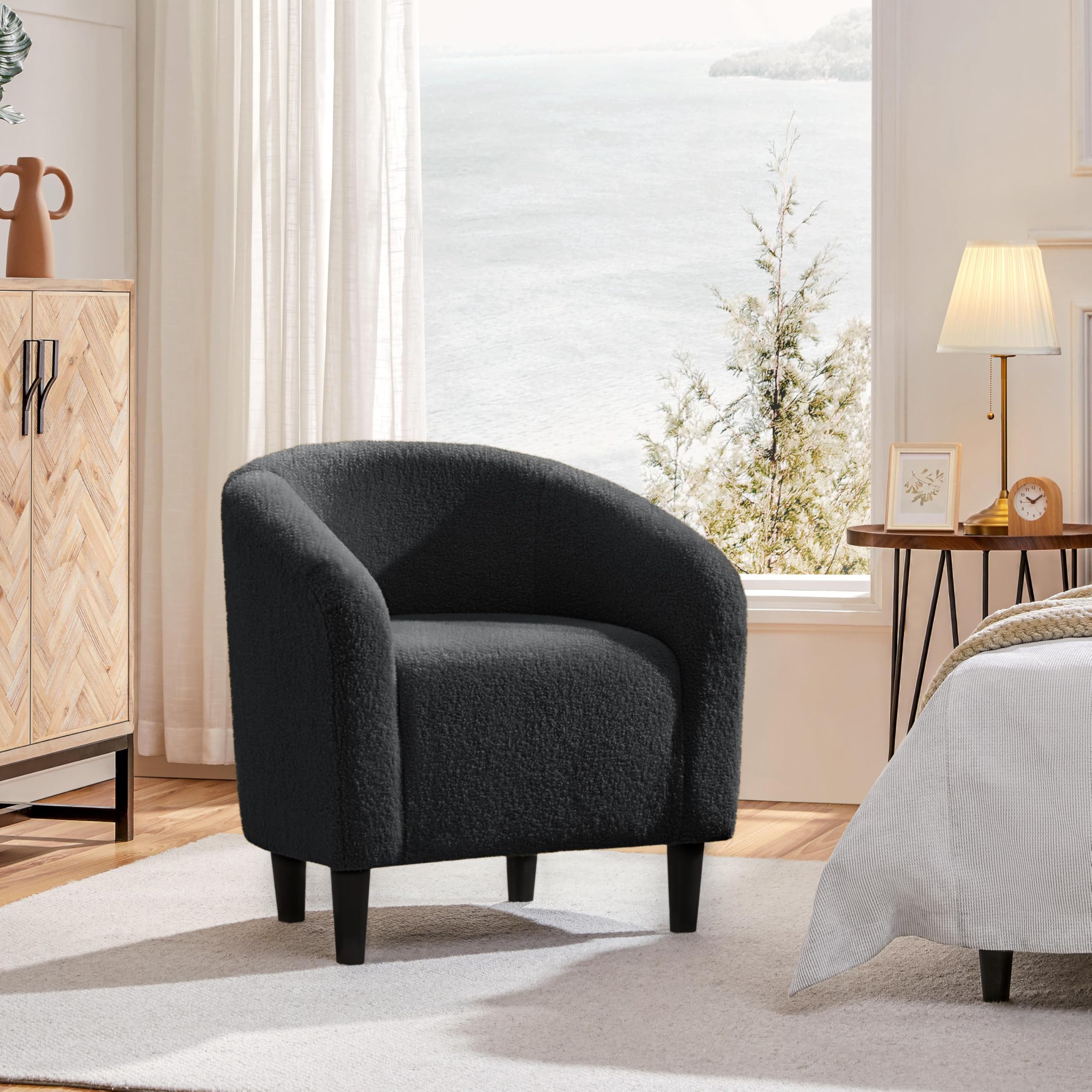 Accent Barrel Chair, Boucle Fabric Club Chair, Furry Sherpa Elegant Armchair with Cozy Soft Padded, Suitable for Living Room Bedroom Reception Room Office, Dark Gray