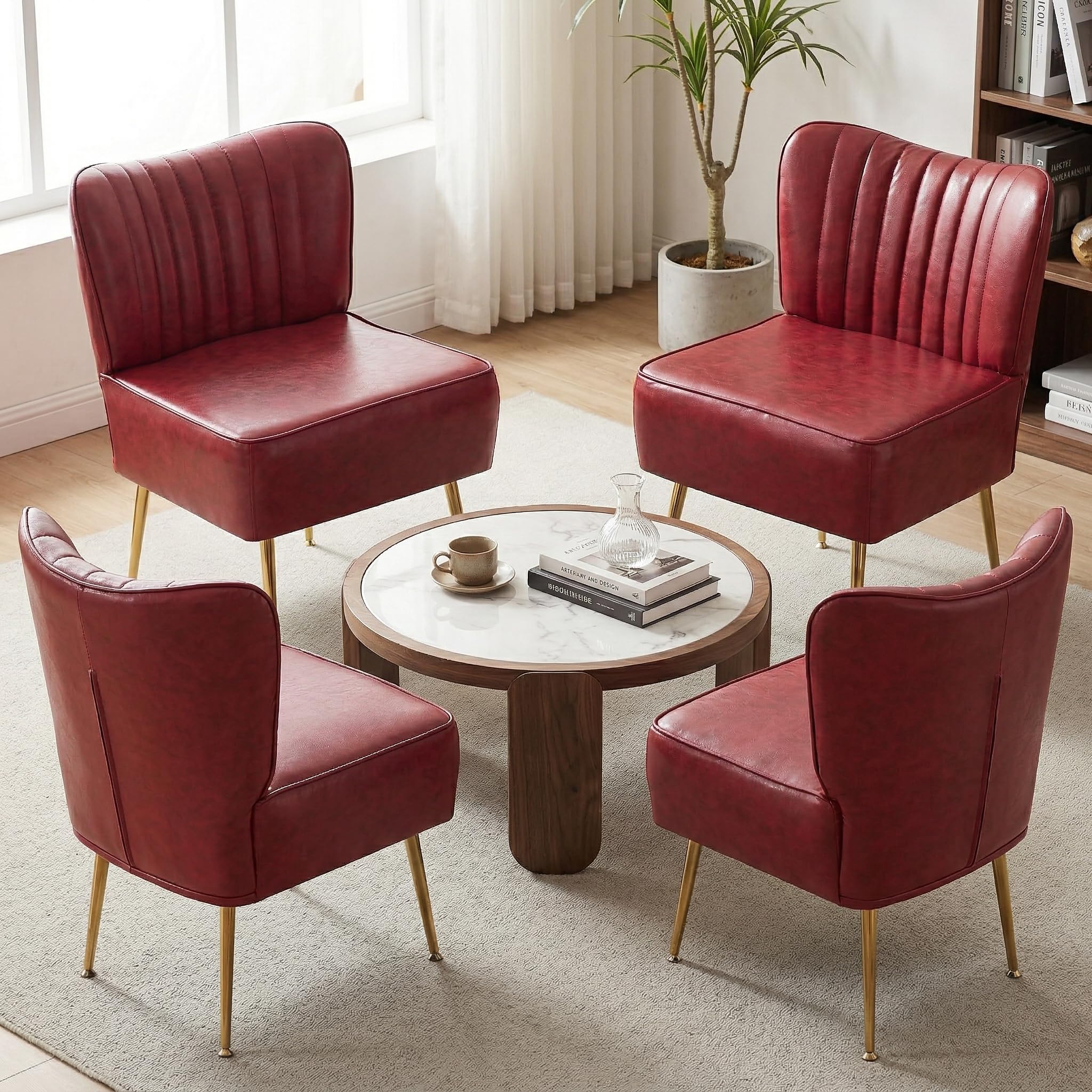 Modern Leather Accent Chairs Set of 4, Vintage Slipper Chair with Heavy Duty Iron Frame & Gold Legs, Mid Century Side Sofa Chair for Living Room Office（Wine Red）