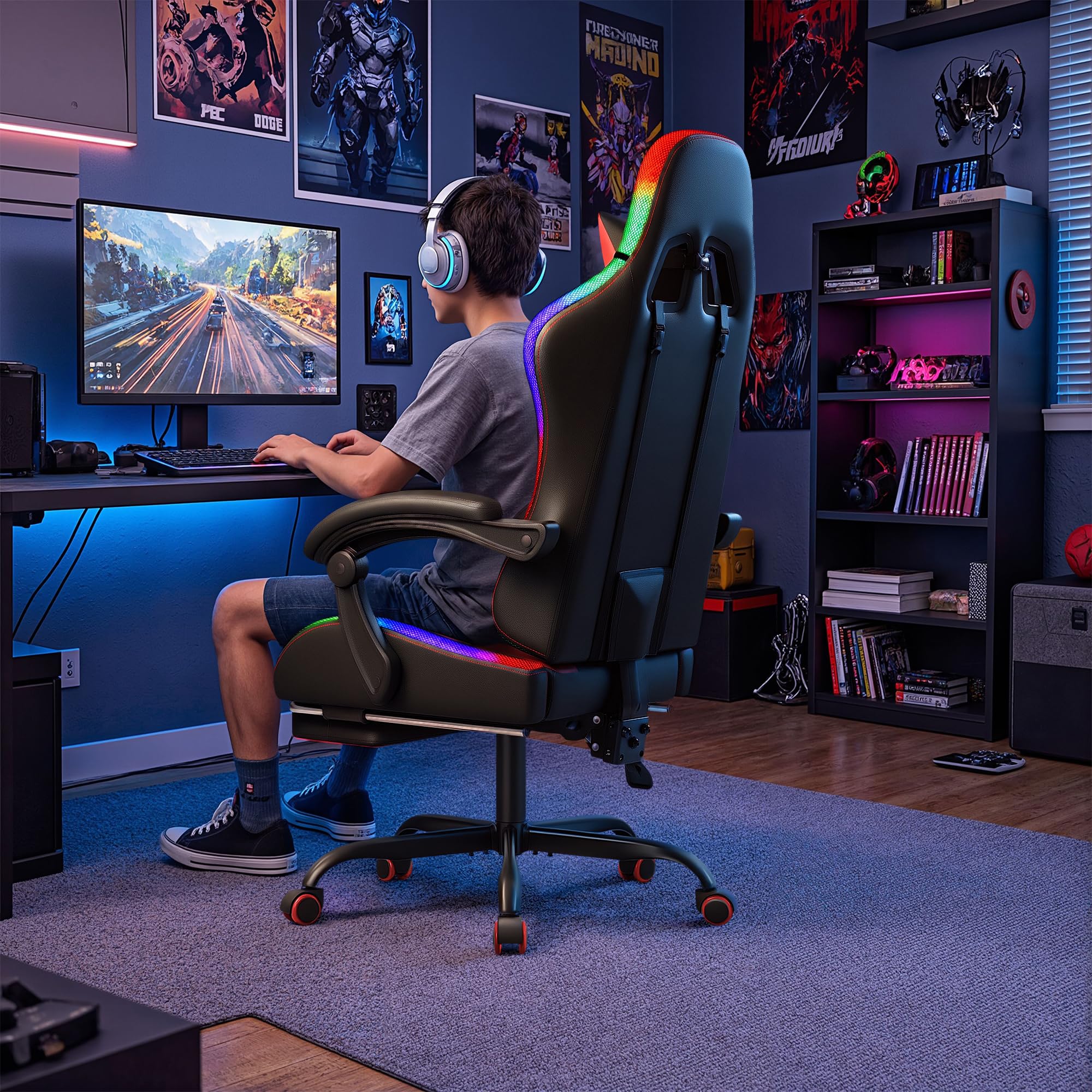 Gaming Chair, Video Game Chair with Footrest and Massage Lumbar Support, Ergonomic Computer Chair Height Adjustable with Swivel Seat and Headrest (RGB Red)