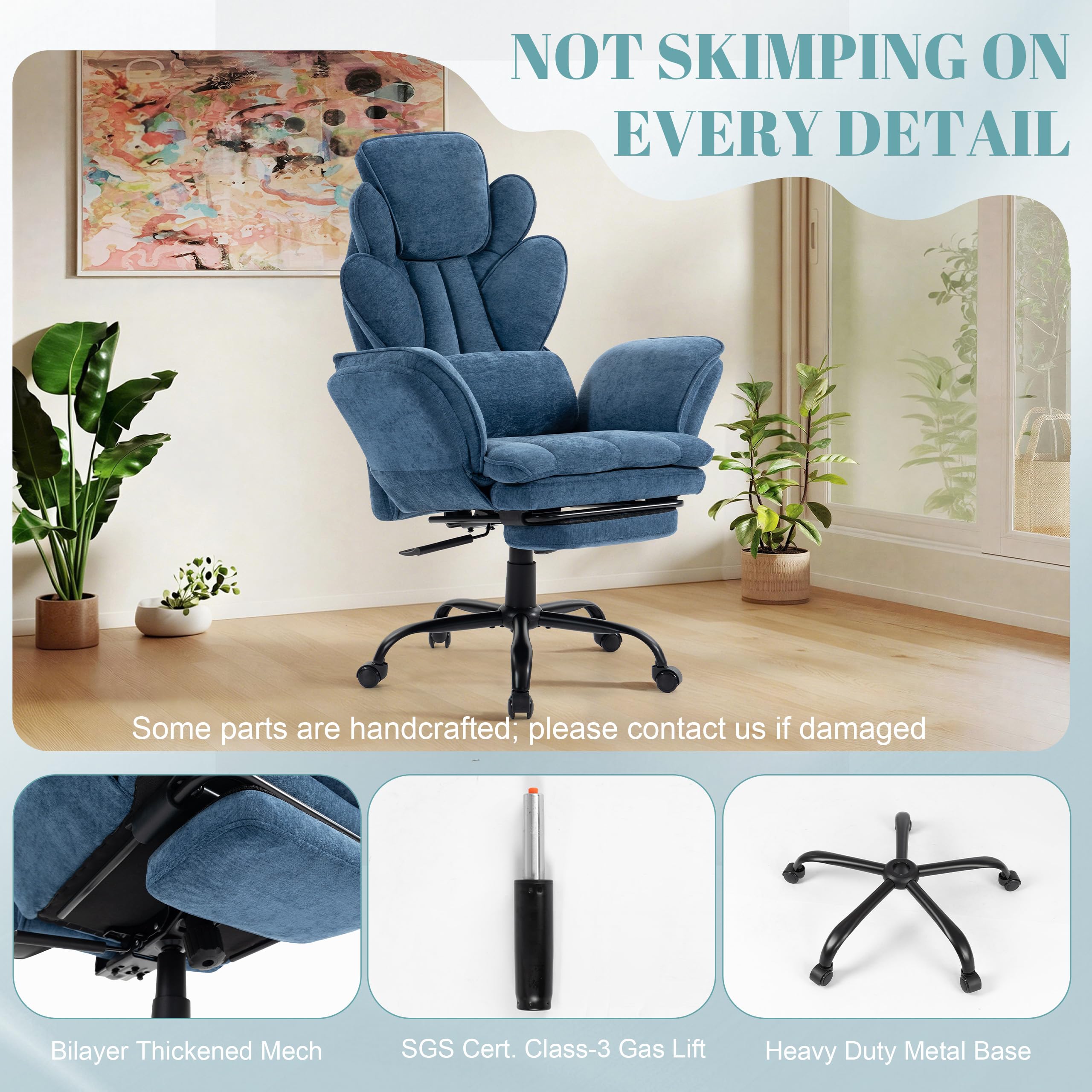 Flip Armrests Criss Cross Office Chair, Reclining Office Chair with Foot Rest, Adjustable Headrest, Massage Waist Pillow, Cross Legged Big and Tall Desk Chair Wide Seat Vanity Chair, Fabric Blue