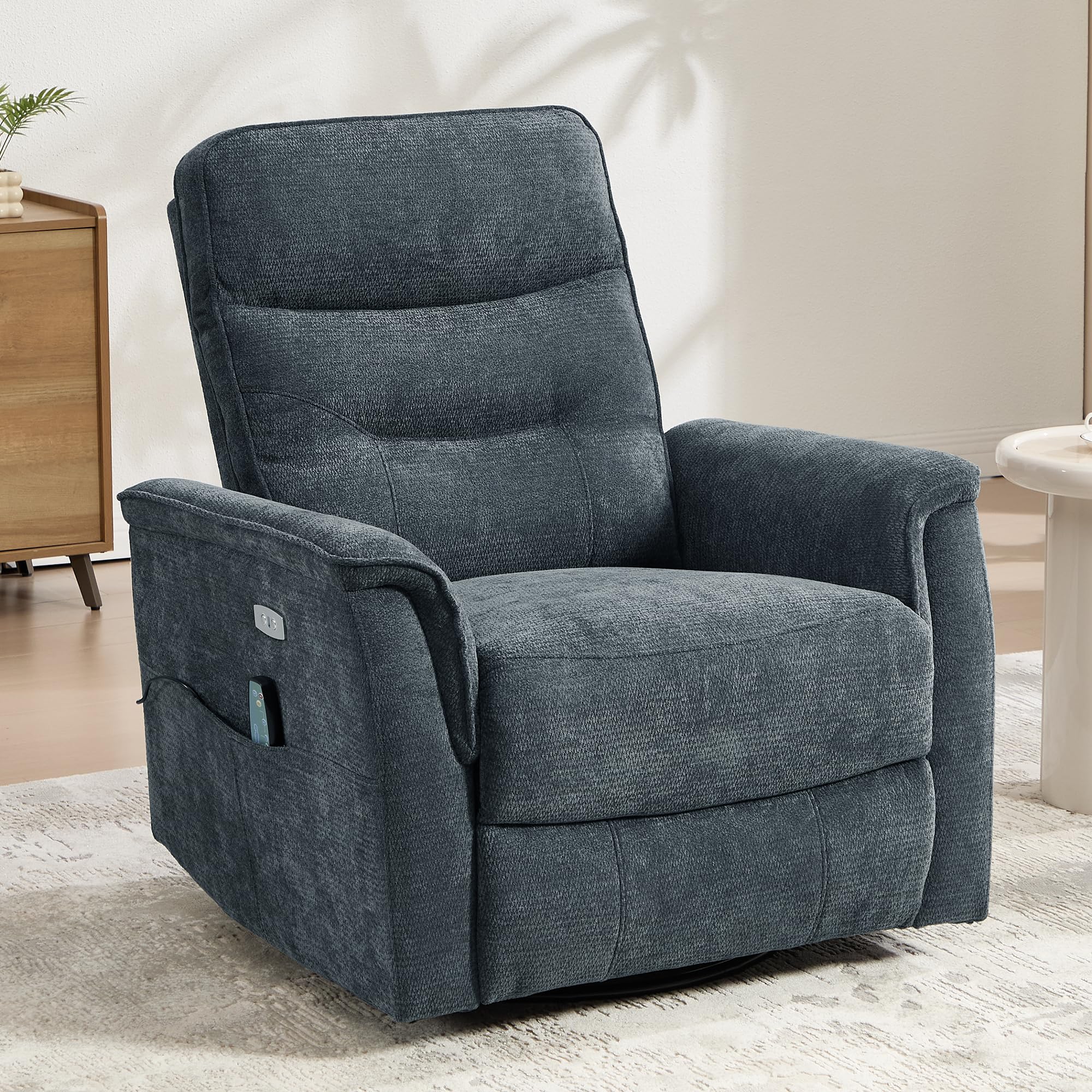 Recliner Chair for Adults, Power Chenille Nursery Rocker Recliner Massage and Heat, Oversized Swivel Reclining Chair with USB Ports for Living Room, Office Black