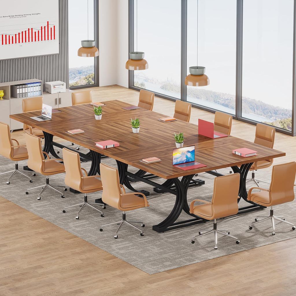 10.5FT Conference Table, Modern Meeting Table for 8-10 People, Rectangle Seminar Boardroom Table for Office Conference Room with Stylish Legs (6, Rustic Brown and Black)