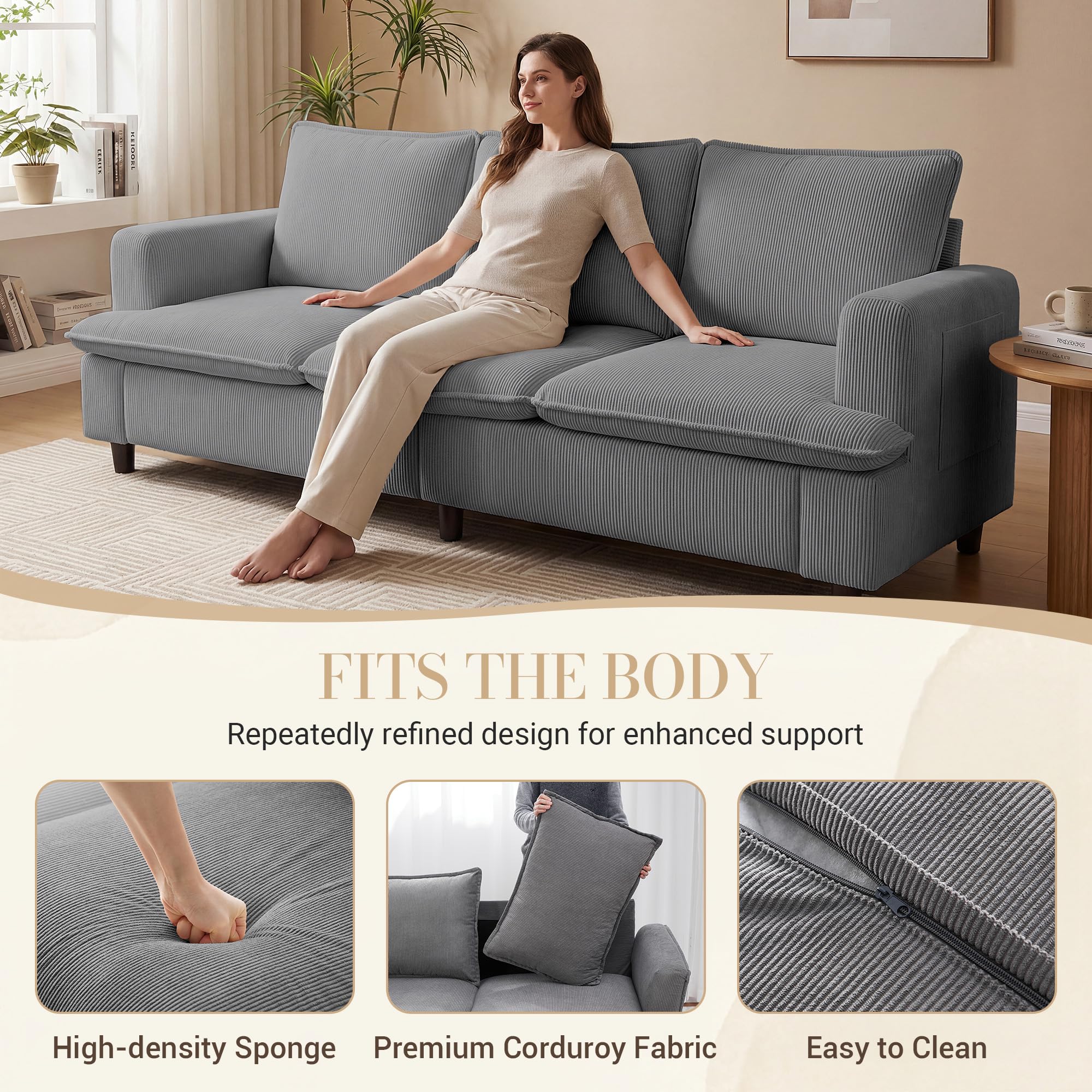3 Seater Couch, 83" Comfy Corduroy Sofa with Deep Seat, Modern Sofa Couch for Office, Living Room, Bedroom, Apartment (Pillows not Included)