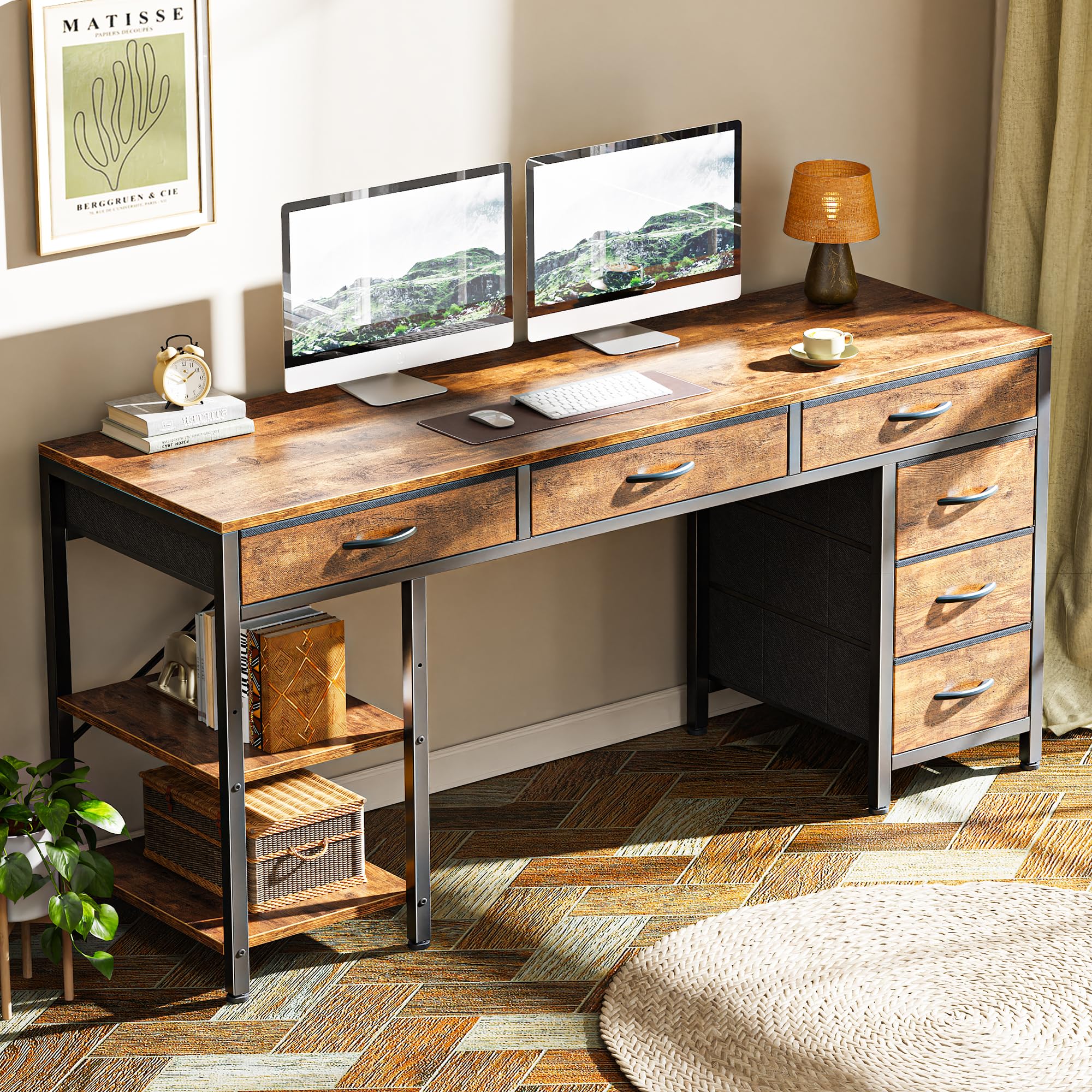Computer Desk with 6 Drawers, Office Desk with Shelves, Reversible Gaming Desk, Corner Desk with Storage, Work for Home Office, Study, Living Room, 54inch, Rustic Brown