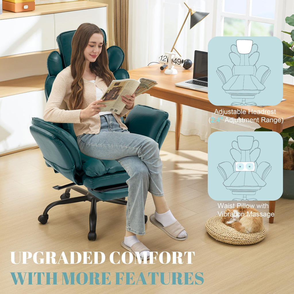 Flip Armrests Criss Cross Office Chair, Reclining Office Chair with Foot Rest, Adjustable Headrest, Massage Waist Pillow, Cross Legged Big and Tall Desk Chair Wide Seat Vanity Chair, PU Leather Green