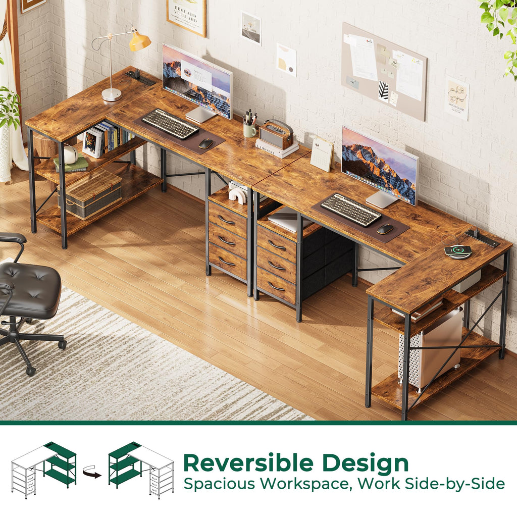 L Shaped Office Desk with Power Outlets, 47 Inch Computer Desk with 3 Drawers, Shelves, for Gaming, Corner Work, Home Office, Study, Rustic Brown