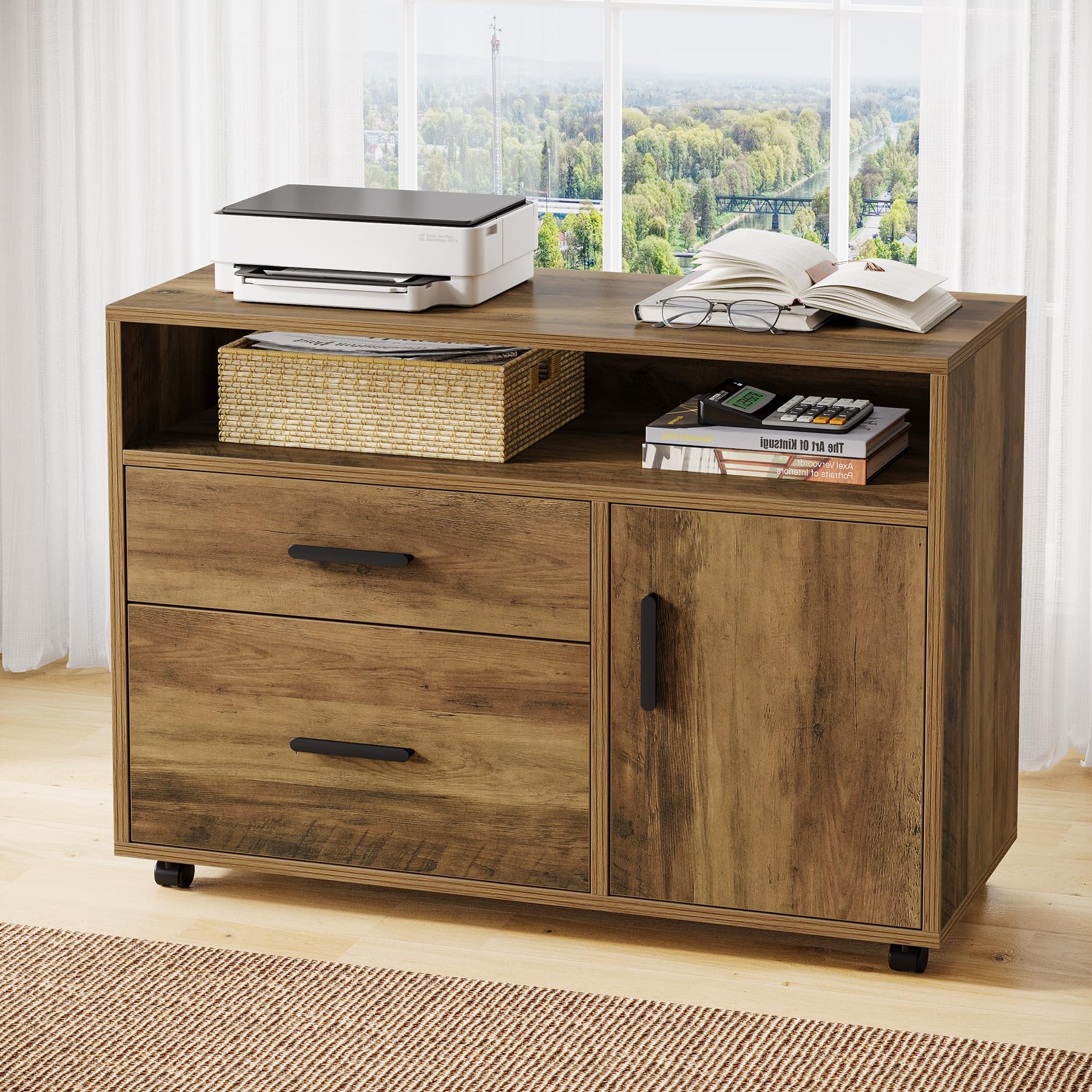 63" Executive Computer Desk and lateral File Cabinet, 2 Piece Home Office Furniture with Drawers for Hanging, Door (Rustic Brown, 63 inches)
