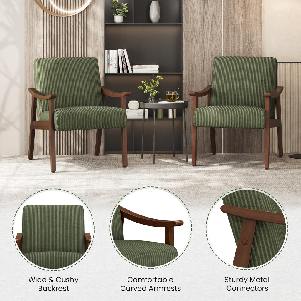 Corduroy Accent Chair, Mid-Century Modern Armchair with Solid Wood Legs, Reading Leisure Chair with High Back for Living Room Bedroom Waiting Room Dark Green