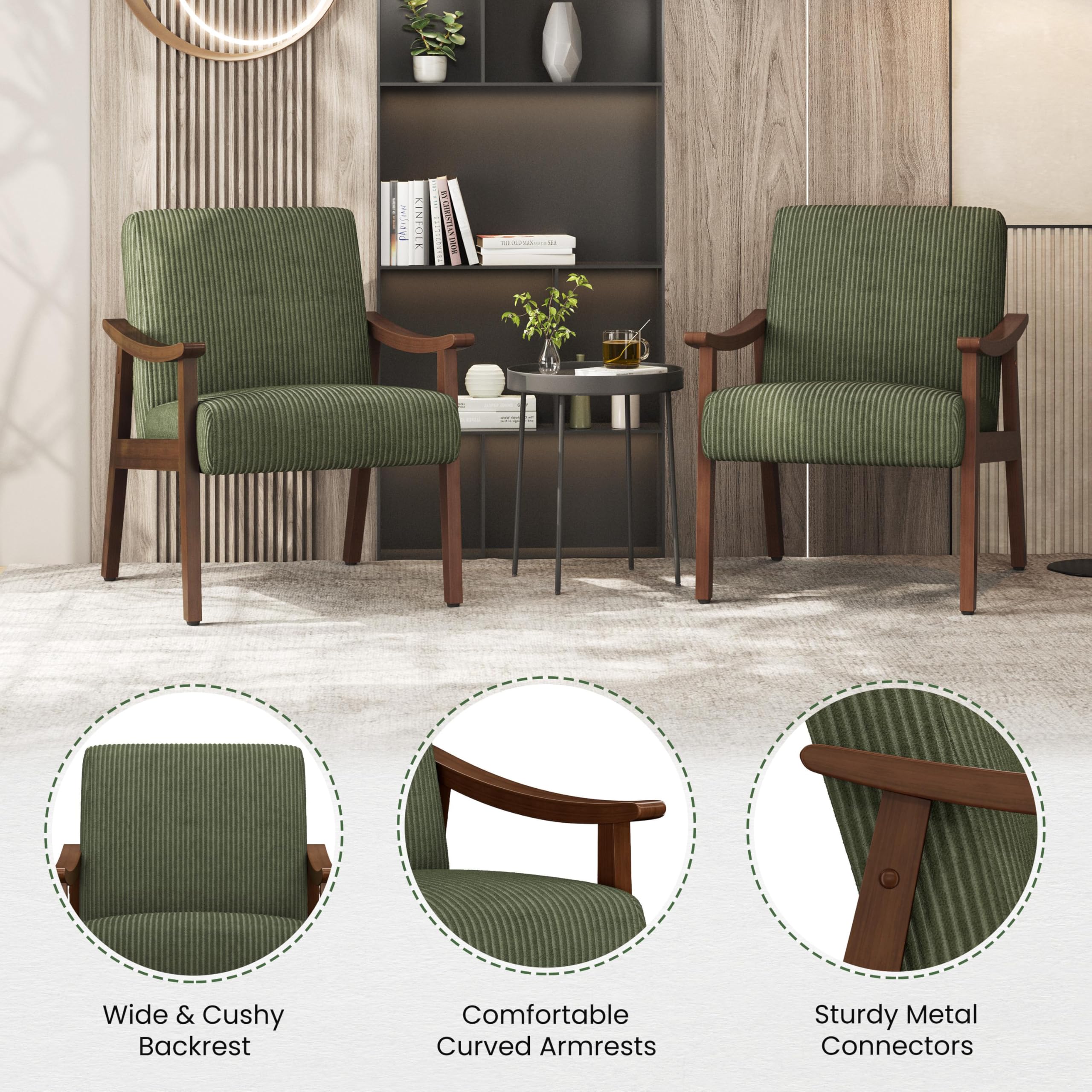 Corduroy Accent Chair, Mid-Century Modern Armchair with Solid Wood Legs, Reading Leisure Chair with High Back for Living Room Bedroom Waiting Room Dark Green