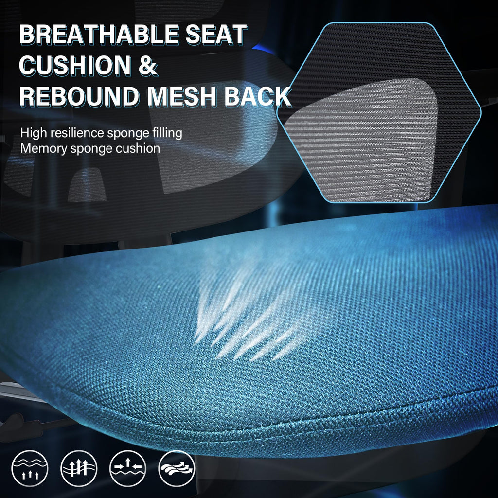 Ergonomic Office Chair with Foot Rest, High Back Computer Office Chair with Dynamic Lumbar Support, 2D Headrest, 4D Armrest, Sponge Seat, Mesh Home Office Desk Chair for Adults, Black