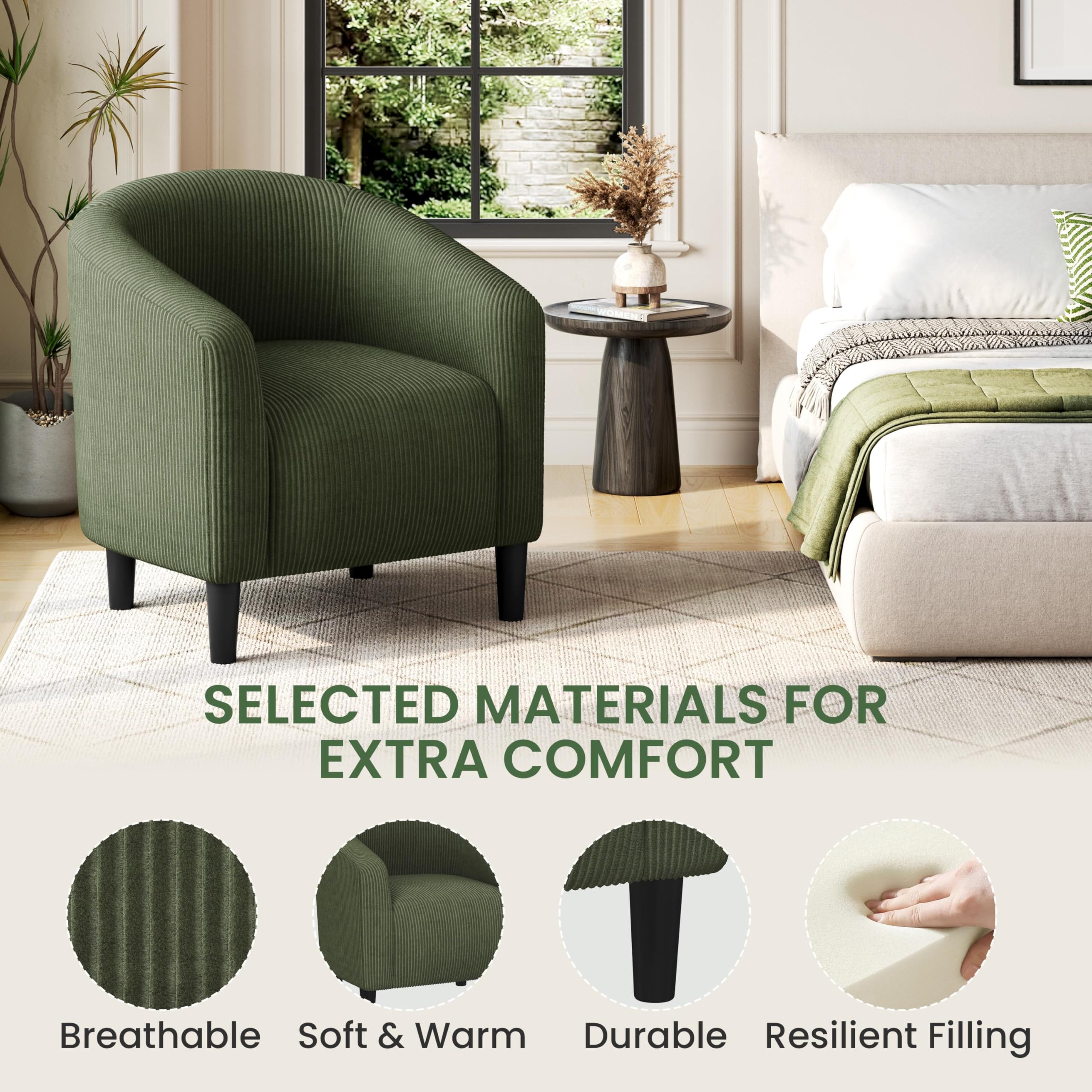 Accent Barrel Chair, Corduroy Fabric Club Chair, Furry Sherpa Elegant Armchair with Cozy Soft Padded, Suitable for Living Room Bedroom Reception Room Office, Dark Green