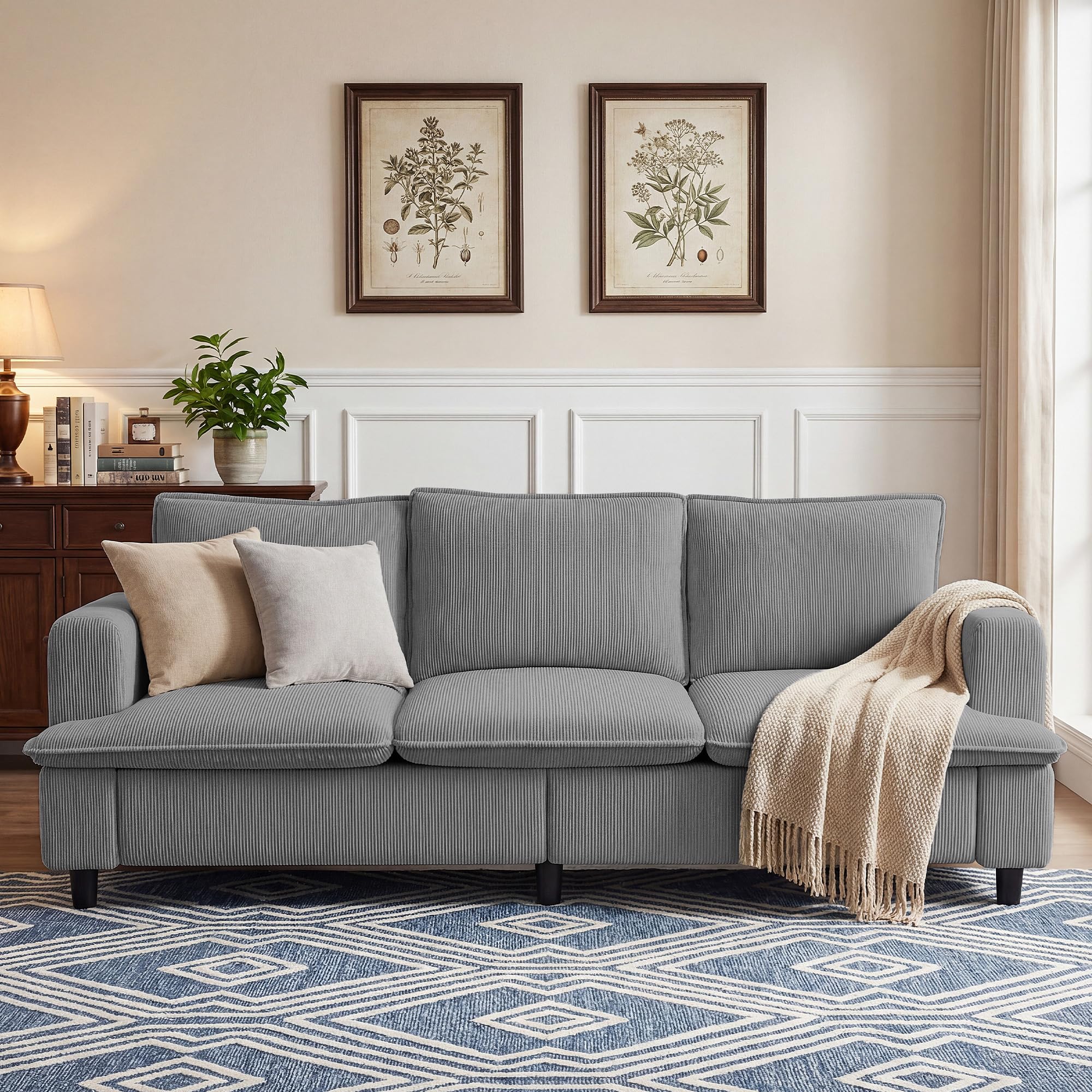 3 Seater Couch, 83" Comfy Corduroy Sofa with Deep Seat, Modern Sofa Couch for Office, Living Room, Bedroom, Apartment (Pillows not Included)