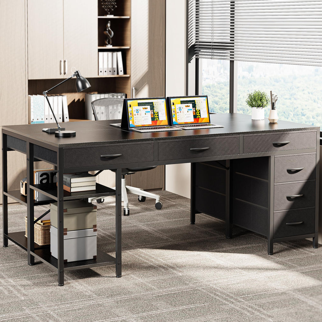 Computer Desk with 6 Drawers, Office Desk with Shelves, Reversible Gaming Desk, Corner Desk with Storage, Work for Home Office, Study, Living Room, 63inch, Black