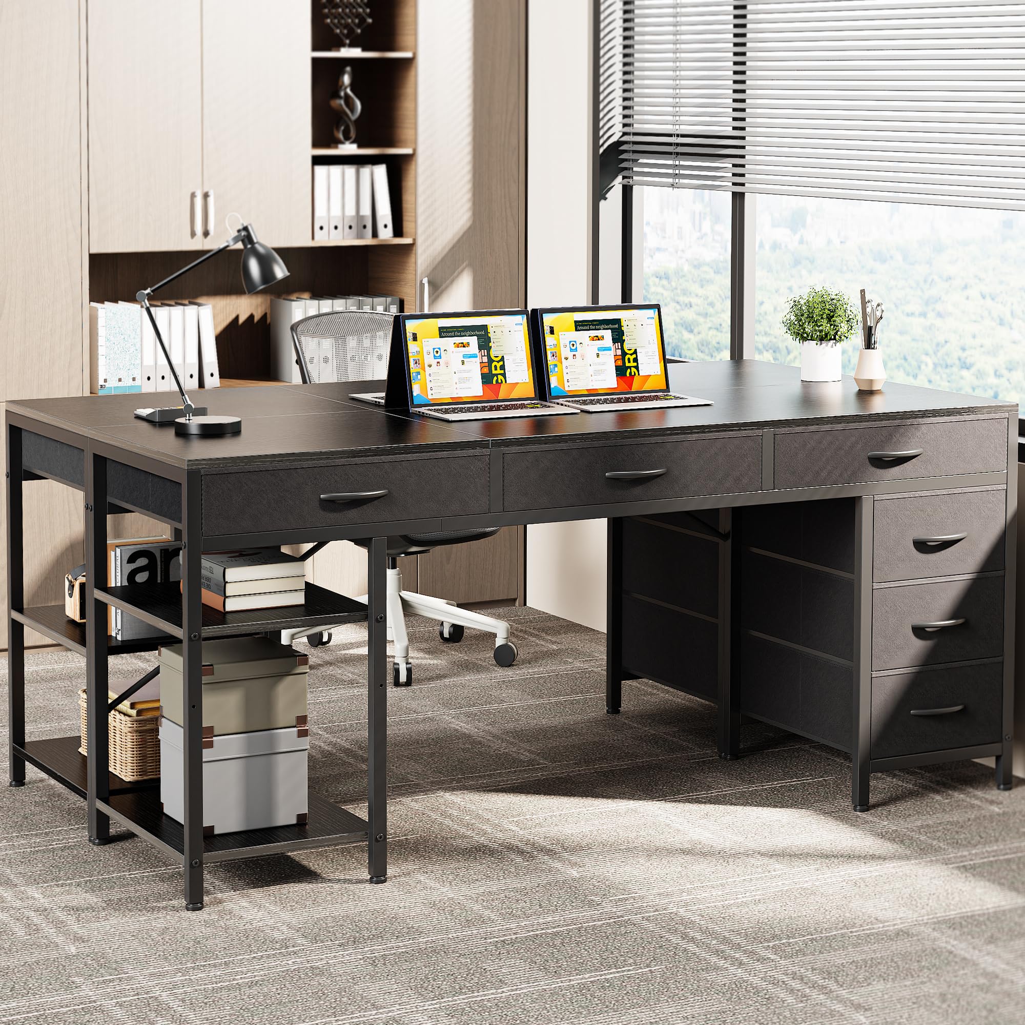 Computer Desk with 6 Drawers, Office Desk with Shelves, Reversible Gaming Desk, Corner Desk with Storage, Work for Home Office, Study, Living Room, 63inch, Black