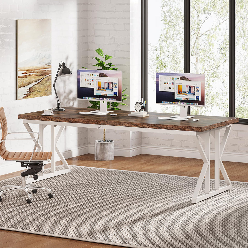 78.7-Inch Executive Desk, Large Computer Office Desk Workstation, Modern Simple Style Laptop Desk Study Writing Table Business Furniture for Home Office (Rustic Brown/White, 78.7 Inch)