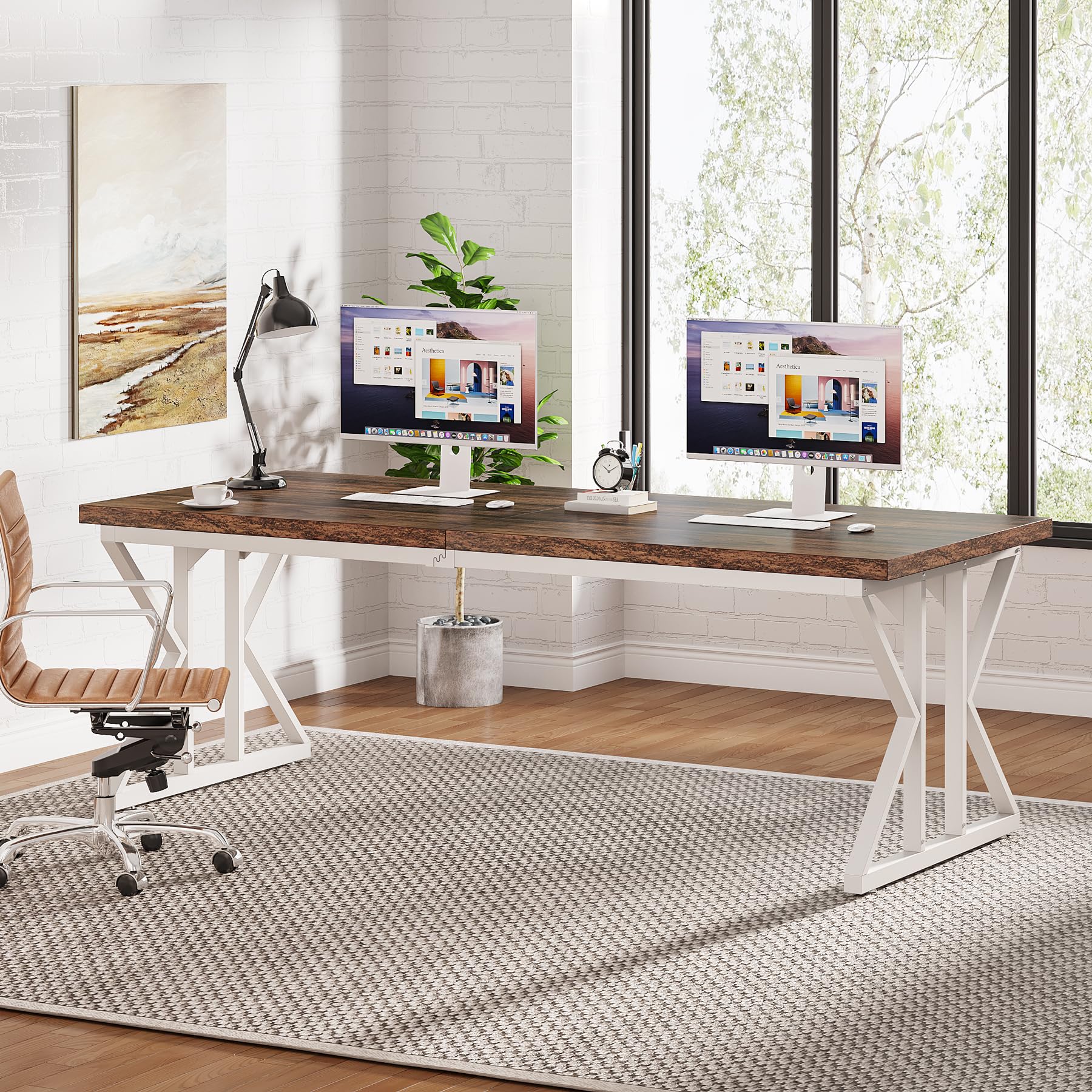 78.7-Inch Executive Desk, Large Computer Office Desk Workstation, Modern Simple Style Laptop Desk Study Writing Table Business Furniture for Home Office (Rustic Brown/White, 78.7 Inch)