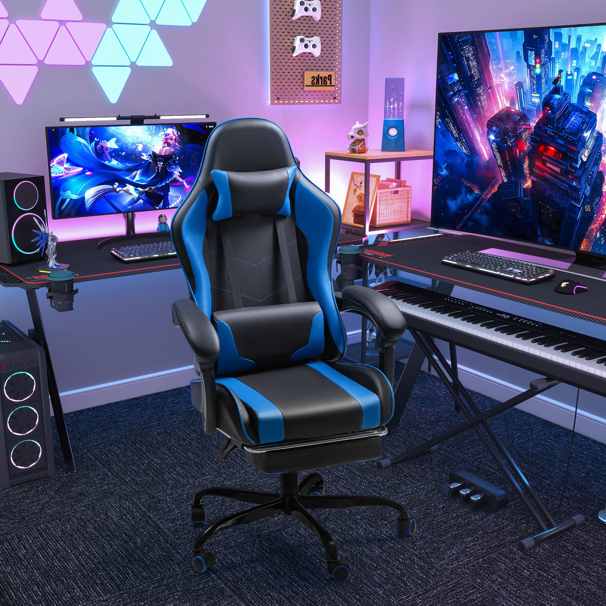 Gaming Chair, Video Game Chair with Footrest and Massage Lumbar Support, Ergonomic Computer Chair Height Adjustable with Swivel Seat and Headrest (Blue)