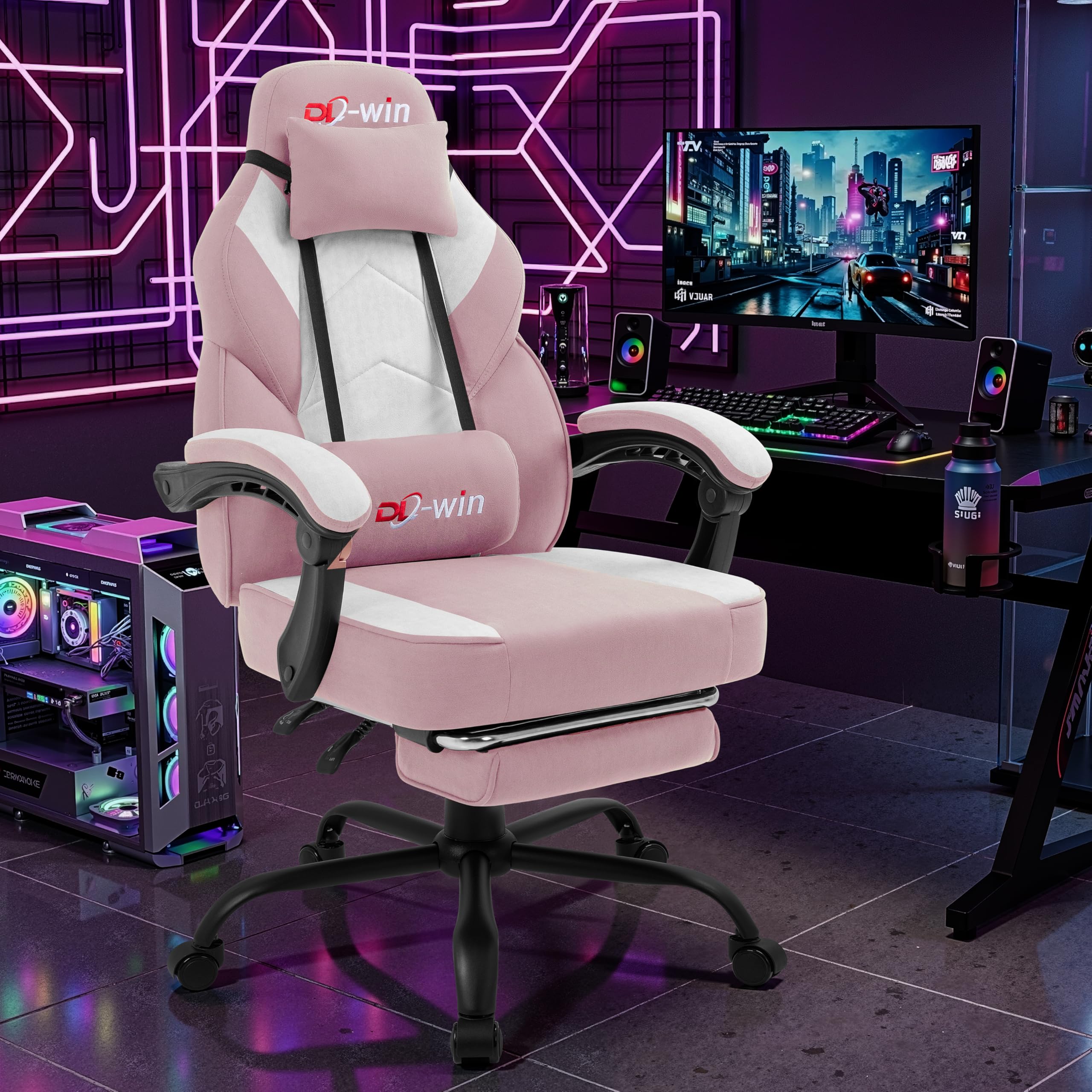 Video Gaming Chair for Adults, Computer Chair with Footrest and Ergonomic High Back, Big and Tall Gamer Chair with Massage Lumbar Support (Blush)
