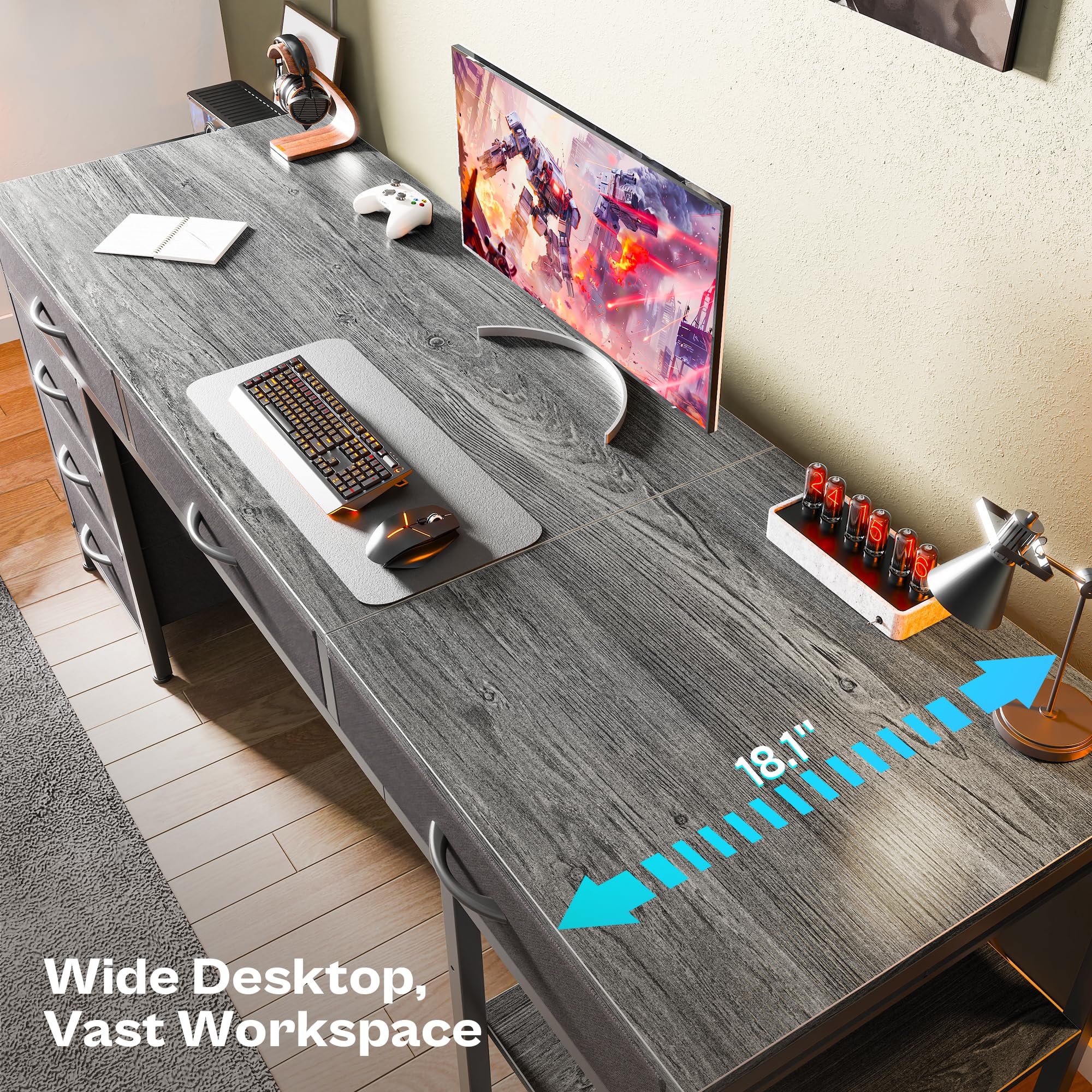 Computer Desk with 6 Drawers, Office Desk with Shelves, Reversible Gaming Desk, Corner Desk with Storage, Work for Home Office, Study, Living Room, 63inch, Grey
