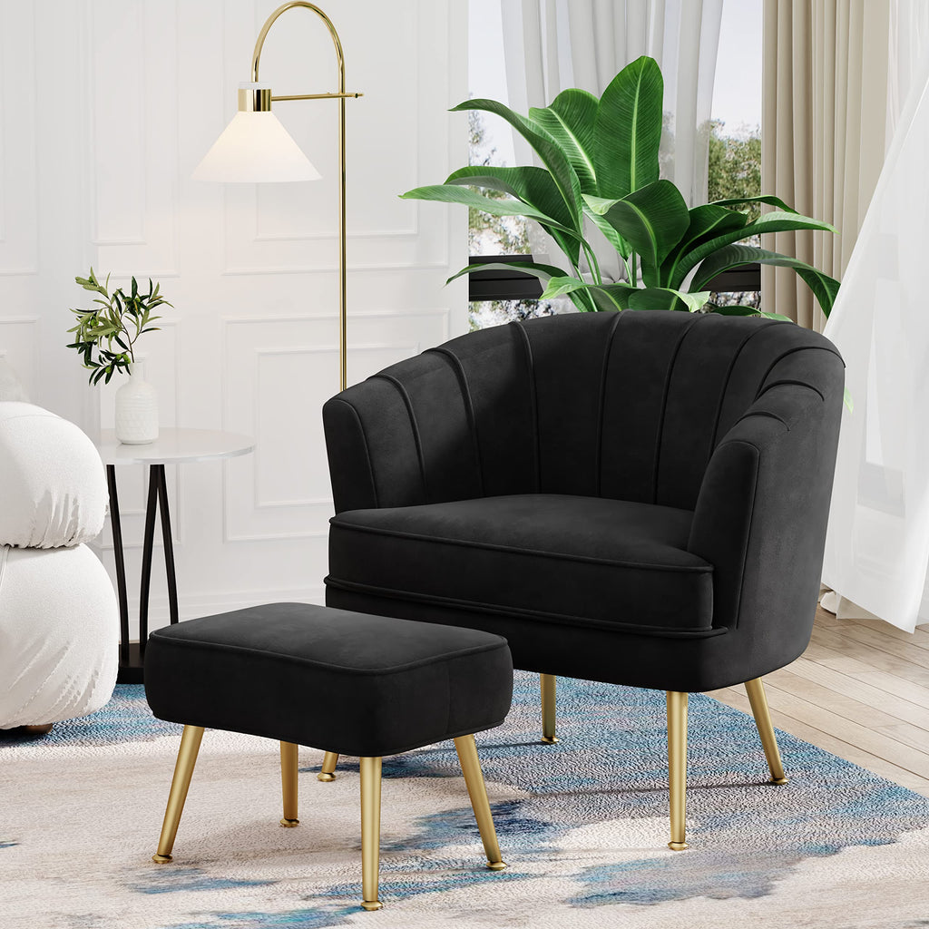 Velvet Accent Chair with Ottoman, Upholstered Modern Single Sofa Side Chair,Comfy Barrel Club Living Room Armchair with Golden Metal Legs for Office Bedroom Living Reading Room , Black
