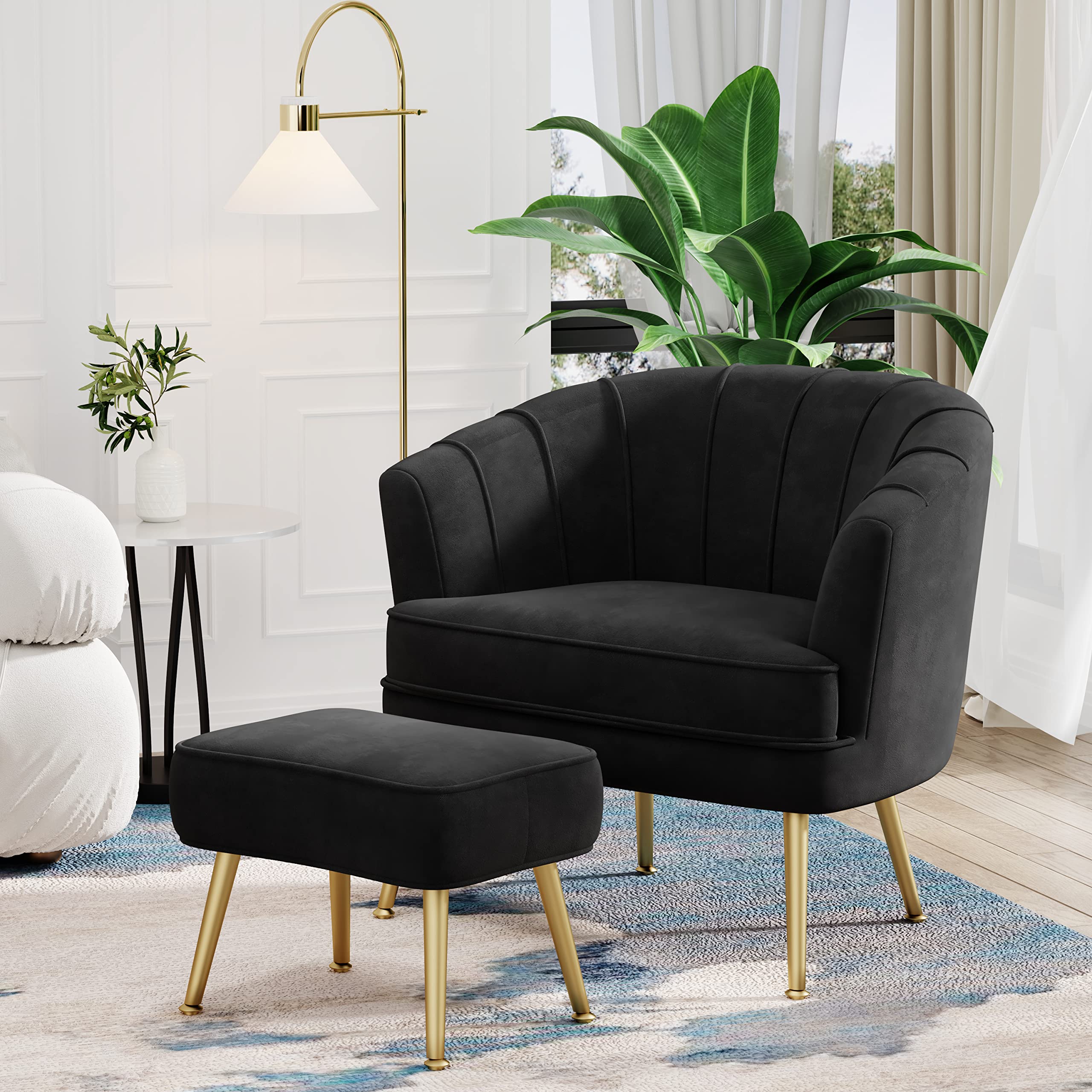 Velvet Accent Chair with Ottoman, Upholstered Modern Single Sofa Side Chair,Comfy Barrel Club Living Room Armchair with Golden Metal Legs for Office Bedroom Living Reading Room , Black