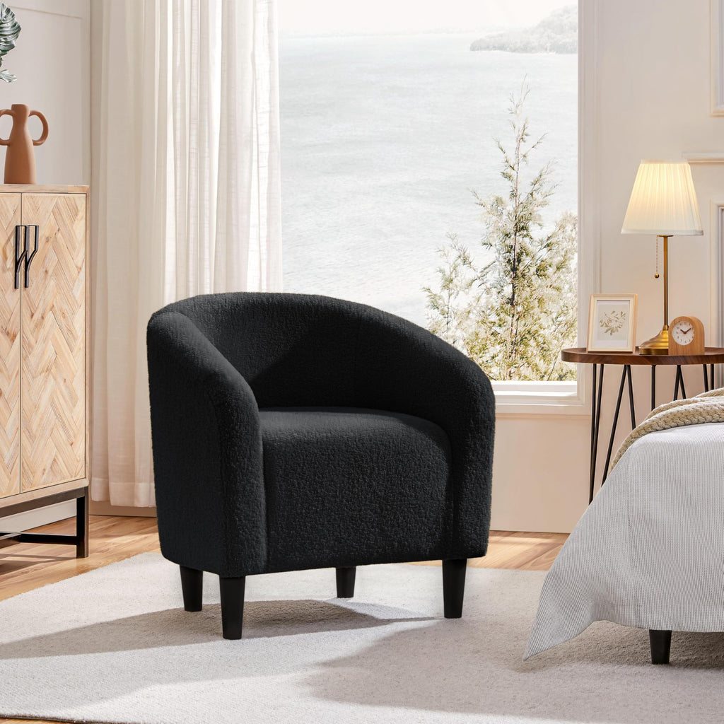 Accent Barrel Chair, Boucle Fabric Club Chair, Furry Sherpa Elegant Armchair with Cozy Soft Padded, Suitable for Living Room Bedroom Reception Office, Black