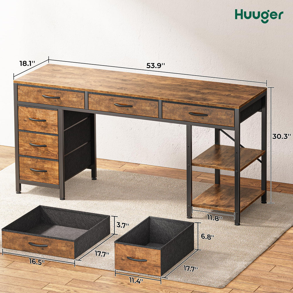 Computer Desk with 6 Drawers, Office Desk with Shelves, Reversible Gaming Desk, Corner Desk with Storage, Work for Home Office, Study, Living Room, 54inch, Rustic Brown
