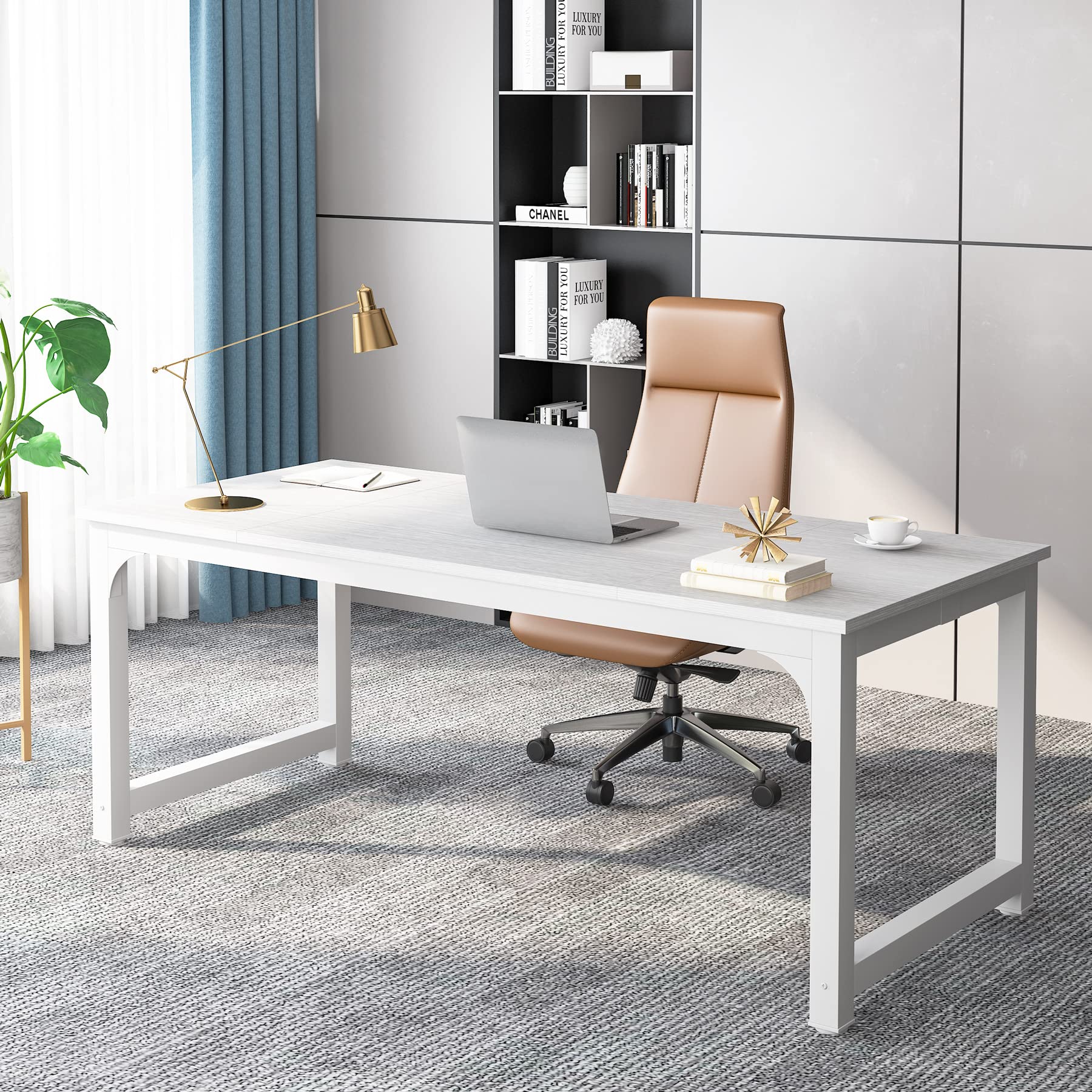 70.8”Executive Desk, Large Office Computer Desk with Thicken Frame, Modern Simple Workstation Business Furniture for Home Office, White