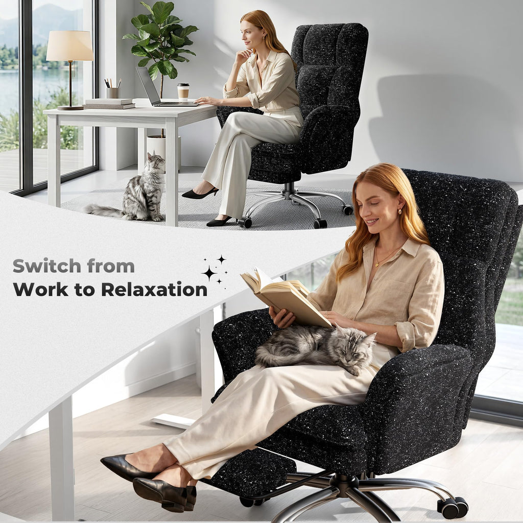 Big and Tall Office Chair, Flip Armrests for Pets & Cross Legged Sitting, Executive Ergonomic Computer Gaming Chair with Foot Rest, Gliter Fabric Wide Seat Reclining Desk Chair