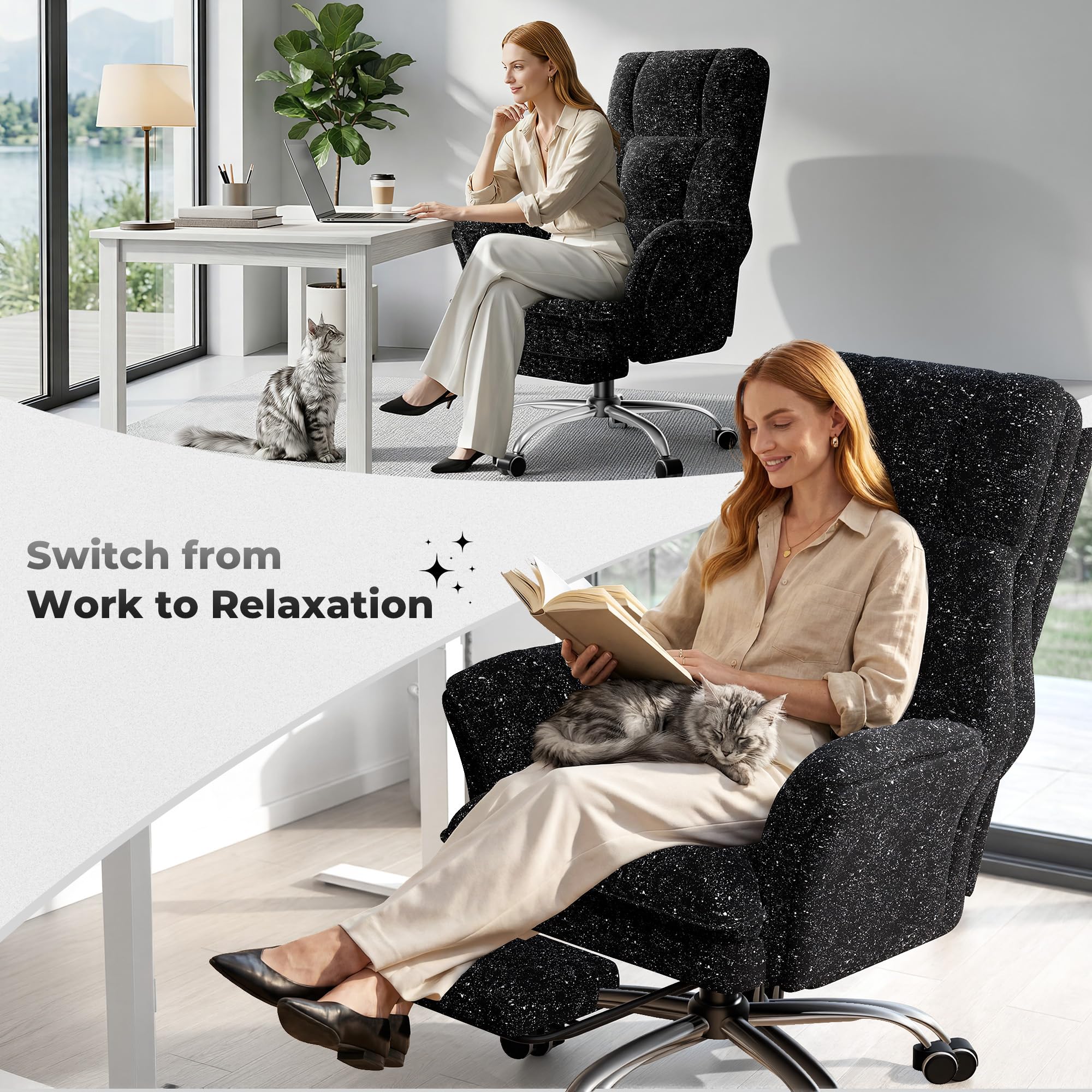 Big and Tall Office Chair, Flip Armrests for Pets & Cross Legged Sitting, Executive Ergonomic Computer Gaming Chair with Foot Rest, Gliter Fabric Wide Seat Reclining Desk Chair