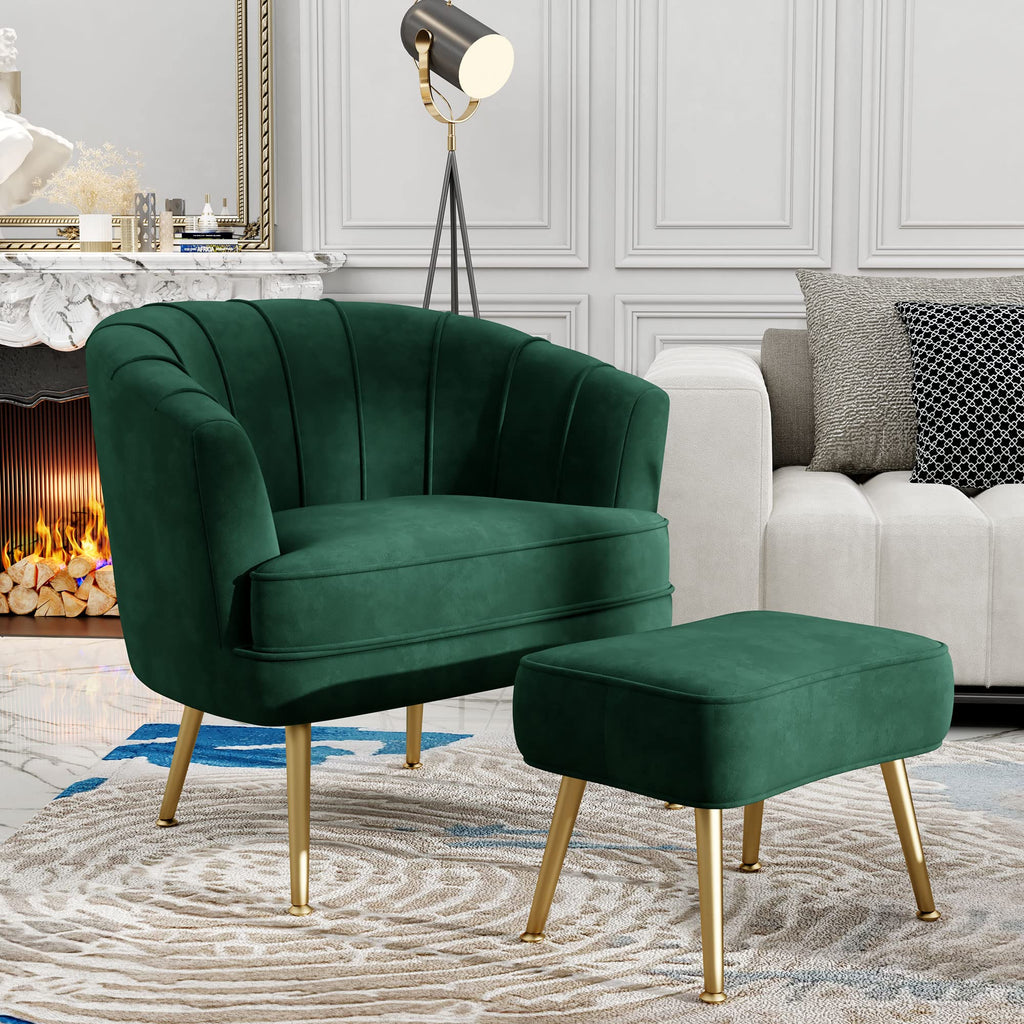 Velvet Accent Chair with Ottoman, Upholstered Modern Single Sofa Side Chair,Comfy Barrel Club Living Room Armchair with Golden Metal Legs for Office Bedroom Living Reading Room, Green