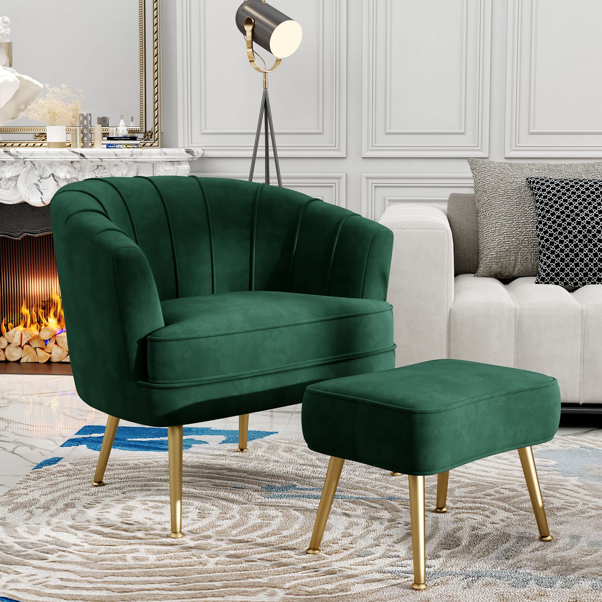 Velvet Accent Chair with Ottoman, Upholstered Modern Single Sofa Side Chair,Comfy Barrel Club Living Room Armchair with Golden Metal Legs for Office Bedroom Living Reading Room, Green