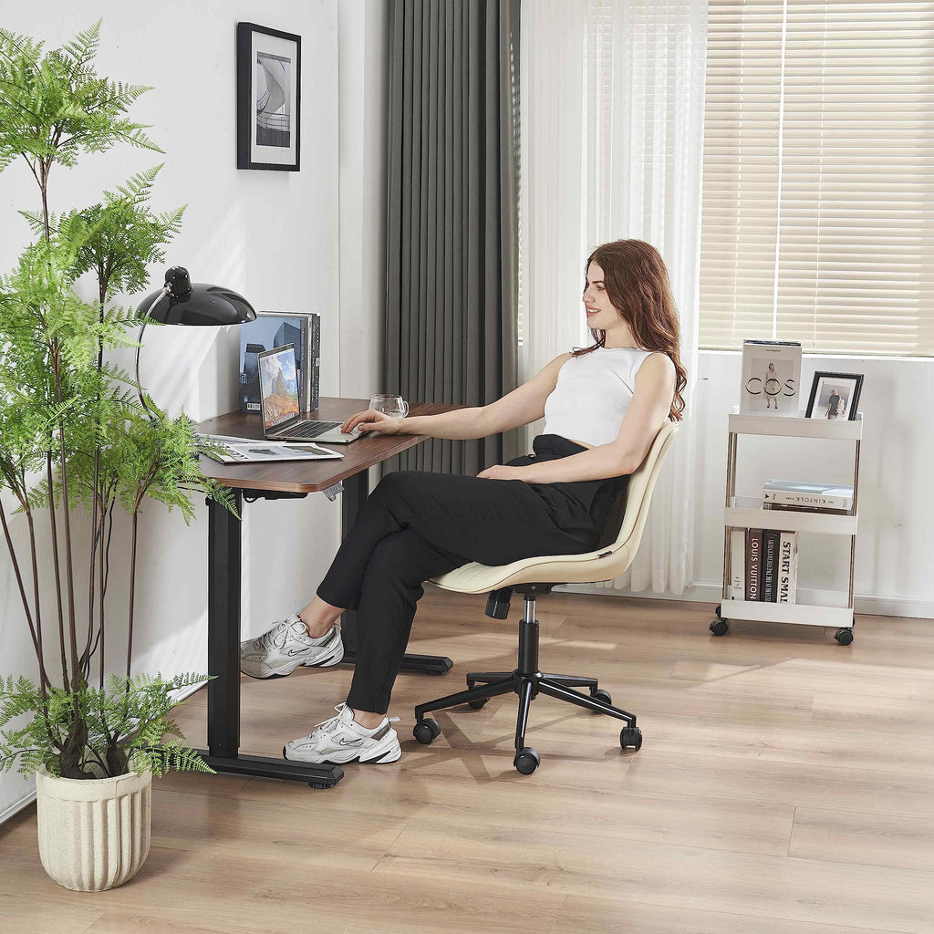 Ergonomic Home Office Desk Chair with Wheels Comfy Armless Vanity Chair with Adjustable Back Modern Leather Upholstered Swivel Computer Chair Small Rolling Task Chair  Beige