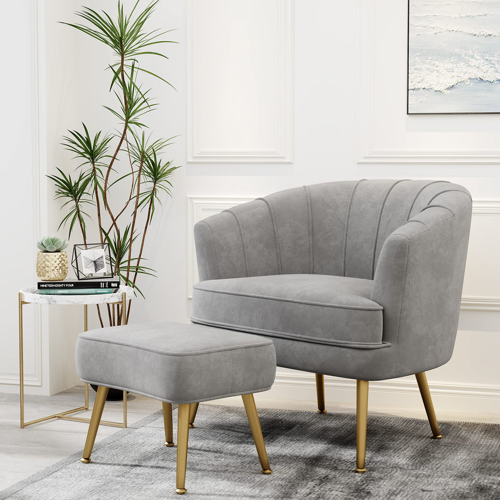 Velvet Accent Chair with Ottoman, Upholstered Modern Single Sofa Side Chair,Comfy Barrel Club Living Room Armchair with Golden Metal Legs for Bedroom Office Living Reading Room , Grey