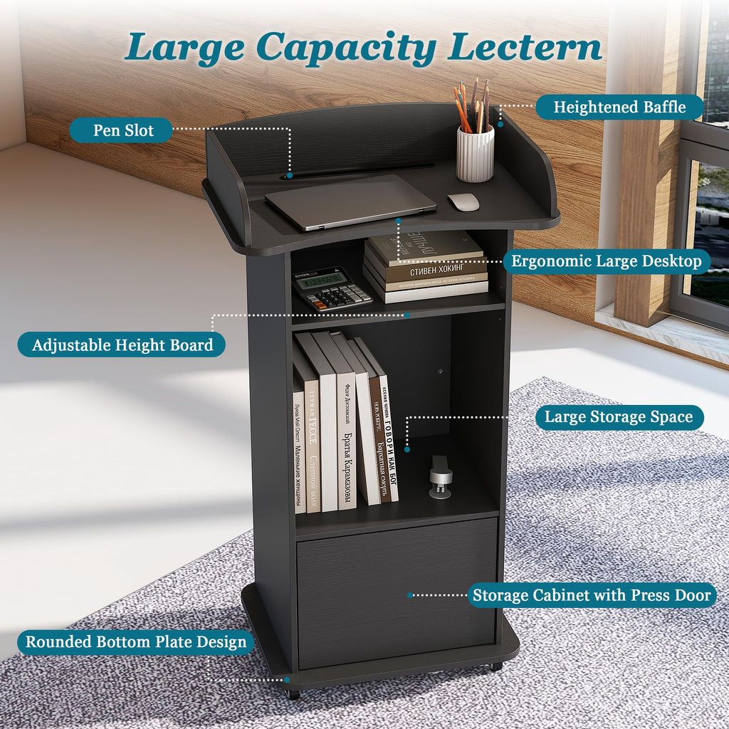 Podium Stand with Metal Wheels Wooden Lectern Podium Stand Portable Pulpit Standing with Storage Mobile Reception Podiums Desk for Church Office School Conference Restaurant Meeting, Black