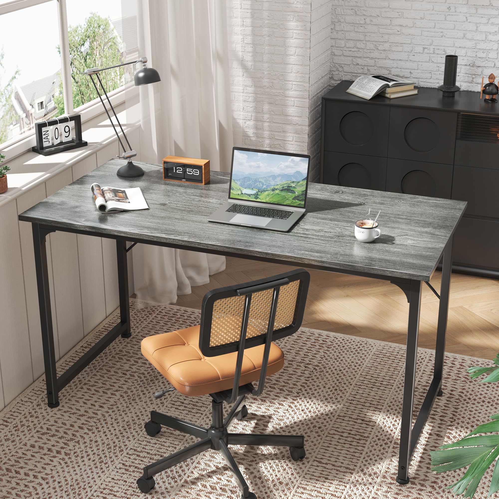 Computer Desk, 55 Inch Home Office Desk, Gaming Writing Work from Home Study Desk, Large Legroom, Sturdy Metal Frame, Modern Simple, Grey