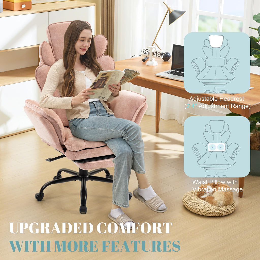 Flip Armrests Criss Cross Office Chair, Reclining Office Chair with Foot Rest, Adjustable Headrest, Massage Waist Pillow, Cross Legged Big and Tall Desk Chair Wide Seat Vanity Chair, Fabric Pink