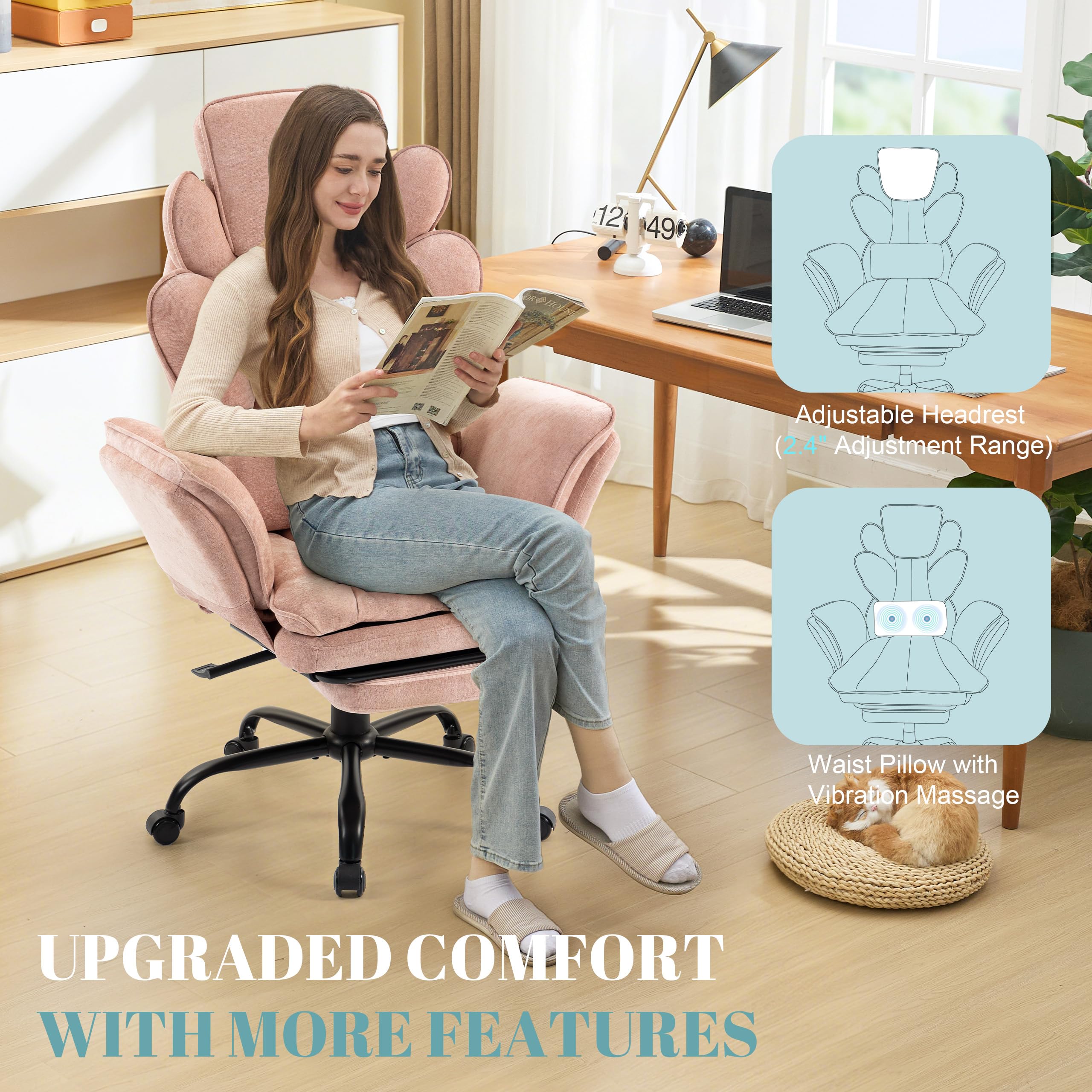 Flip Armrests Criss Cross Office Chair, Reclining Office Chair with Foot Rest, Adjustable Headrest, Massage Waist Pillow, Cross Legged Big and Tall Desk Chair Wide Seat Vanity Chair, Fabric Pink