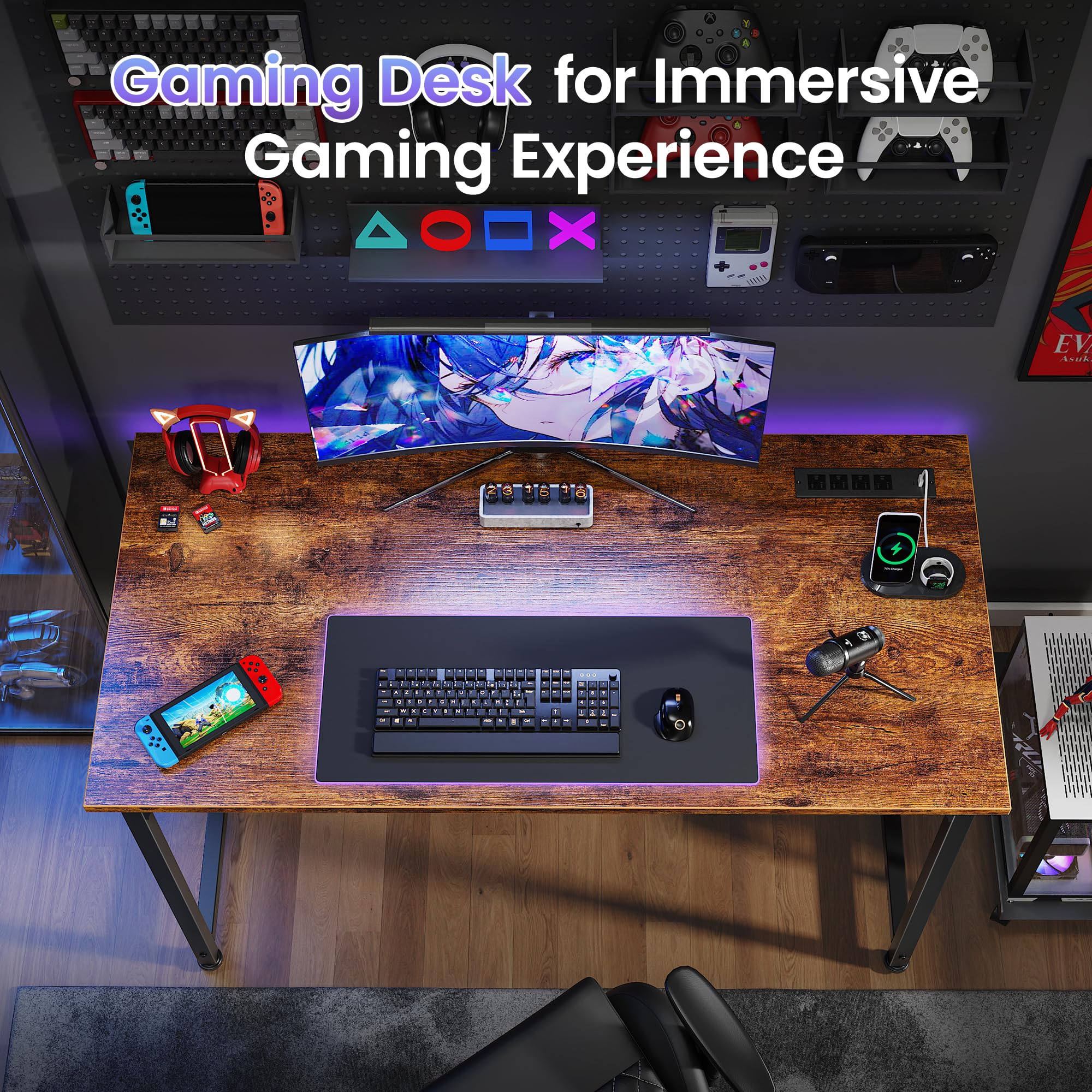 40 X 20 Inch Computer Desk with Power Outlets and USB-C Port, Gaming Office Desk with Deeper Desktop, Writing Work Desk for Home Office, Study, Bedroom, Metal Frame, Rustic Brown