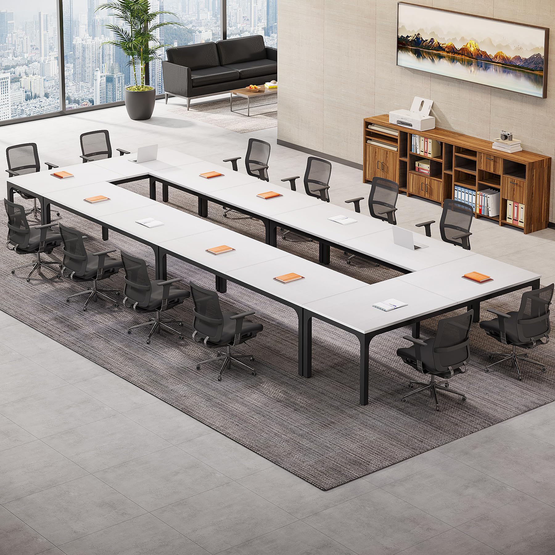 6.5 FT Conference Room Table, 78.74" W x 27.56" D Large Office Conference Table, Modern Seminar Meeting Table Desk for Boardroom, Meeting Room (1, White and Black)