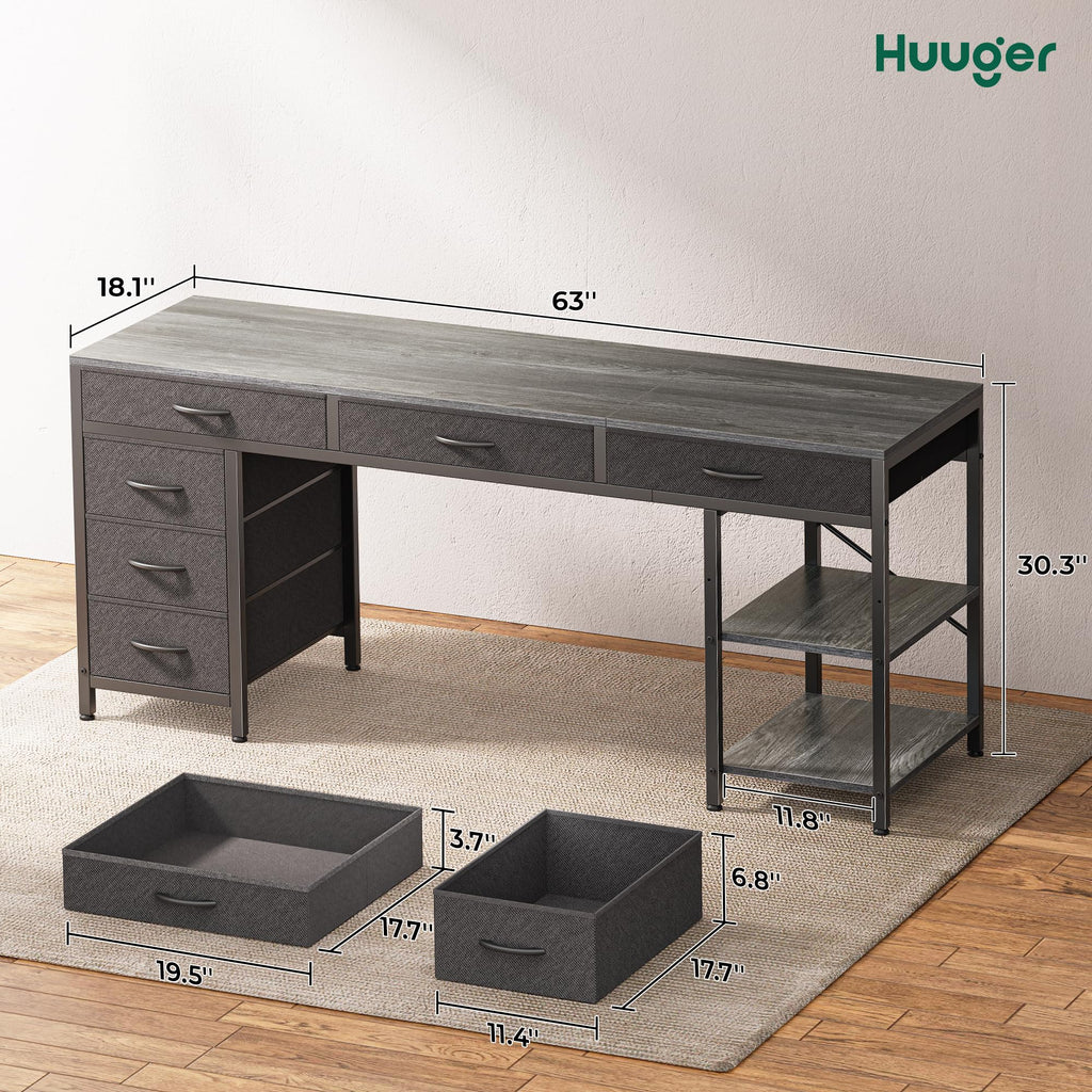 Computer Desk with 6 Drawers, Office Desk with Shelves, Reversible Gaming Desk, Corner Desk with Storage, Work for Home Office, Study, Living Room, 63inch, Grey