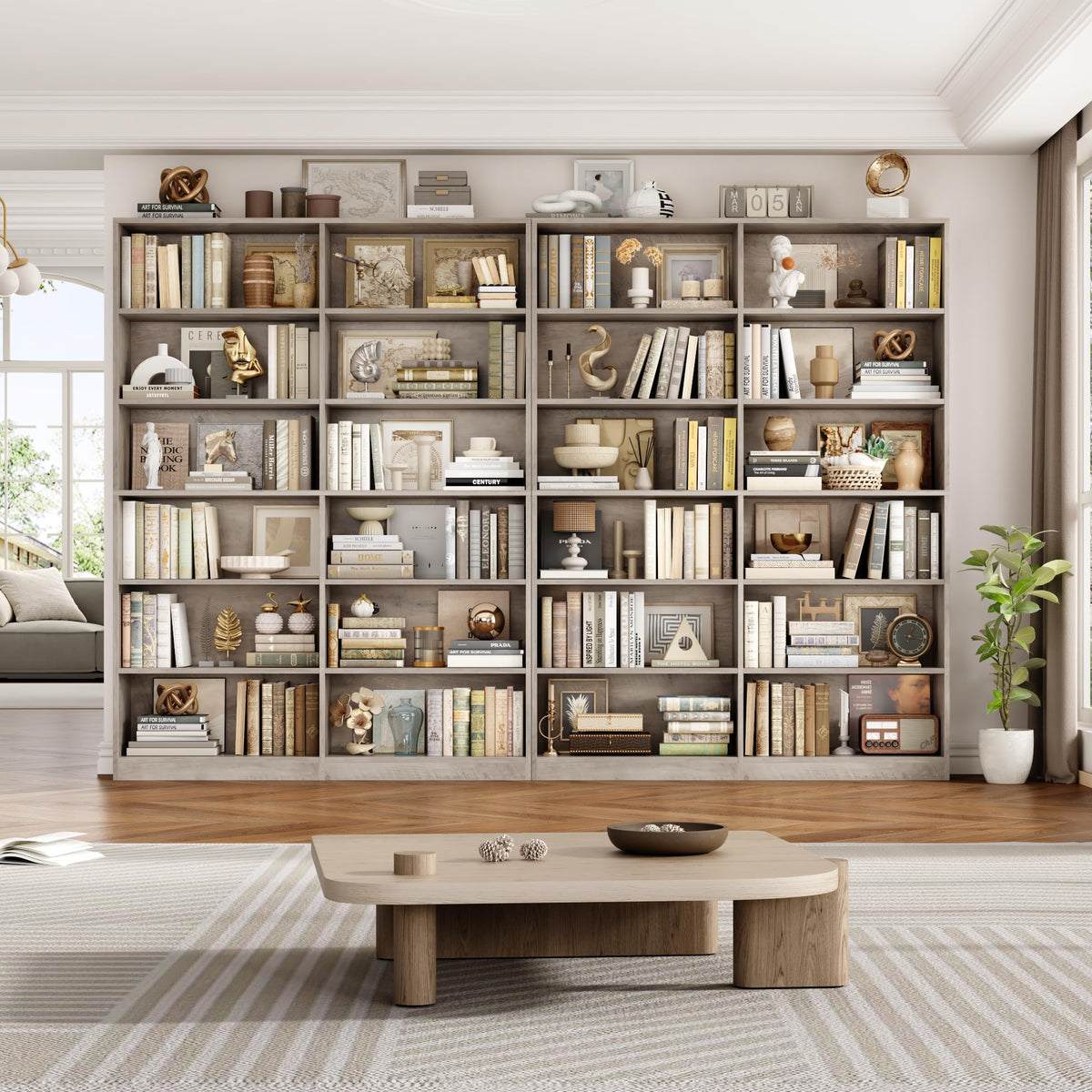 Bookshelf Tall Bookcase, 6-Tier Double Wide Bookshelves,Wash Grey