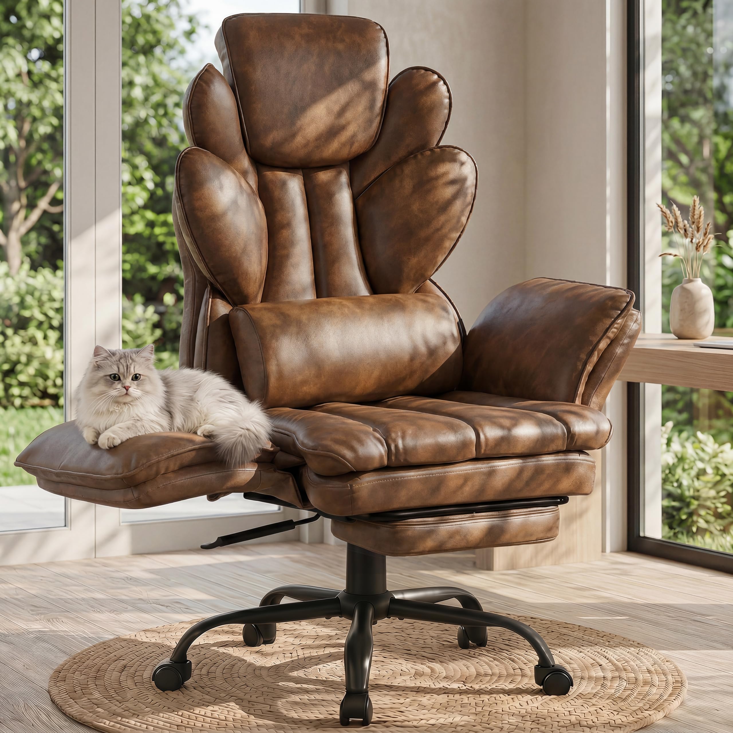 Flip Armrests Criss Cross Office Chair, Reclining Office Chair with Foot Rest, Adjustable Headrest, Massage Waist Pillow, Cross Legged Big and Tall Desk Chair Wide Seat Vanity Chair, PU Leather Brown