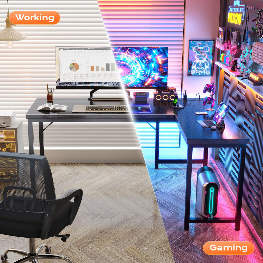 55 Inch L Shaped Desk with Power Outlets and USB-C Port, Reversible Computer Desk, Larger Office Corner Gaming Desk, 0.95 Inch Thicker Desktop, Metal Frame, for Home Office, Study, Black
