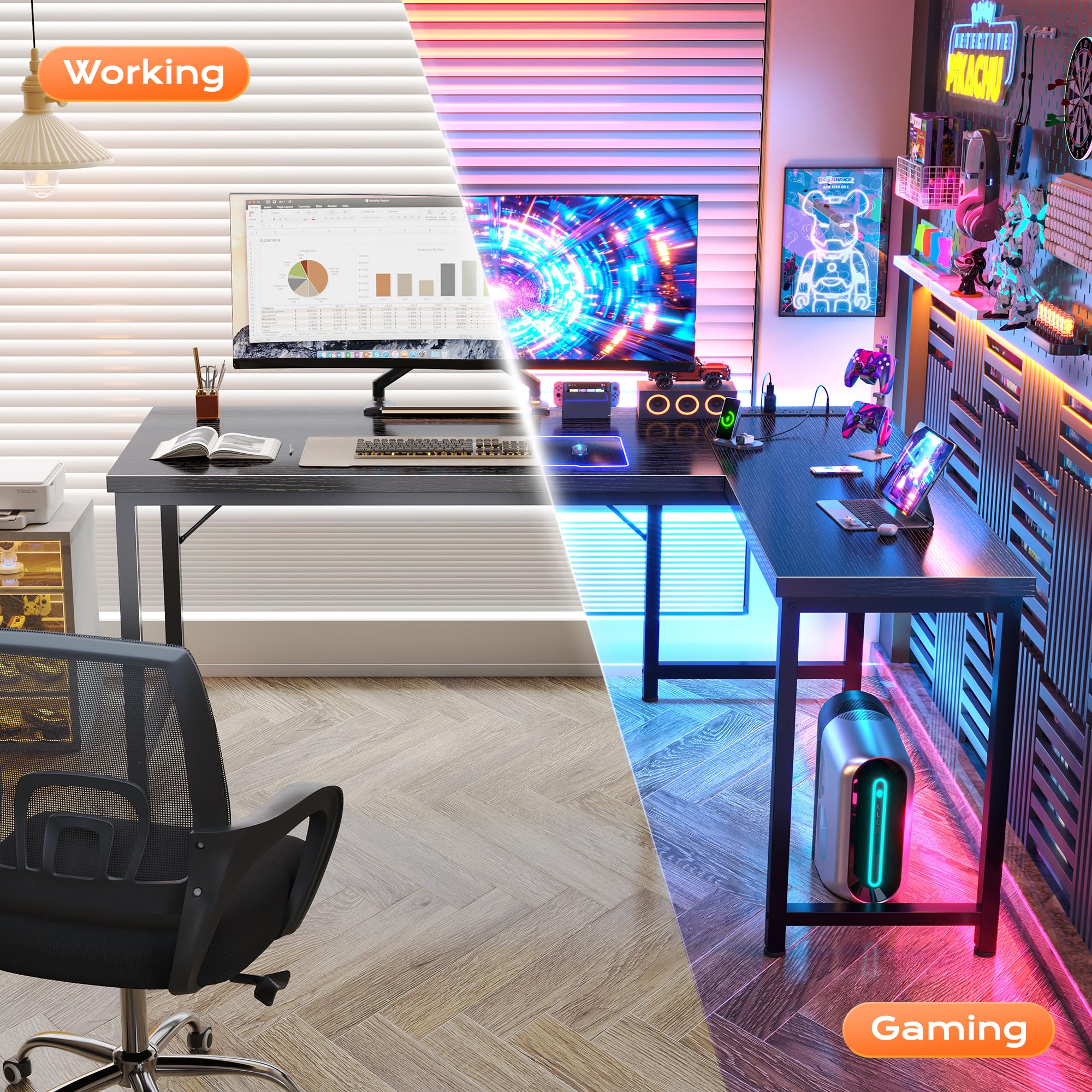 55 Inch L Shaped Desk with Power Outlets and USB-C Port, Reversible Computer Desk, Larger Office Corner Gaming Desk, 0.95 Inch Thicker Desktop, Metal Frame, for Home Office, Study, Black