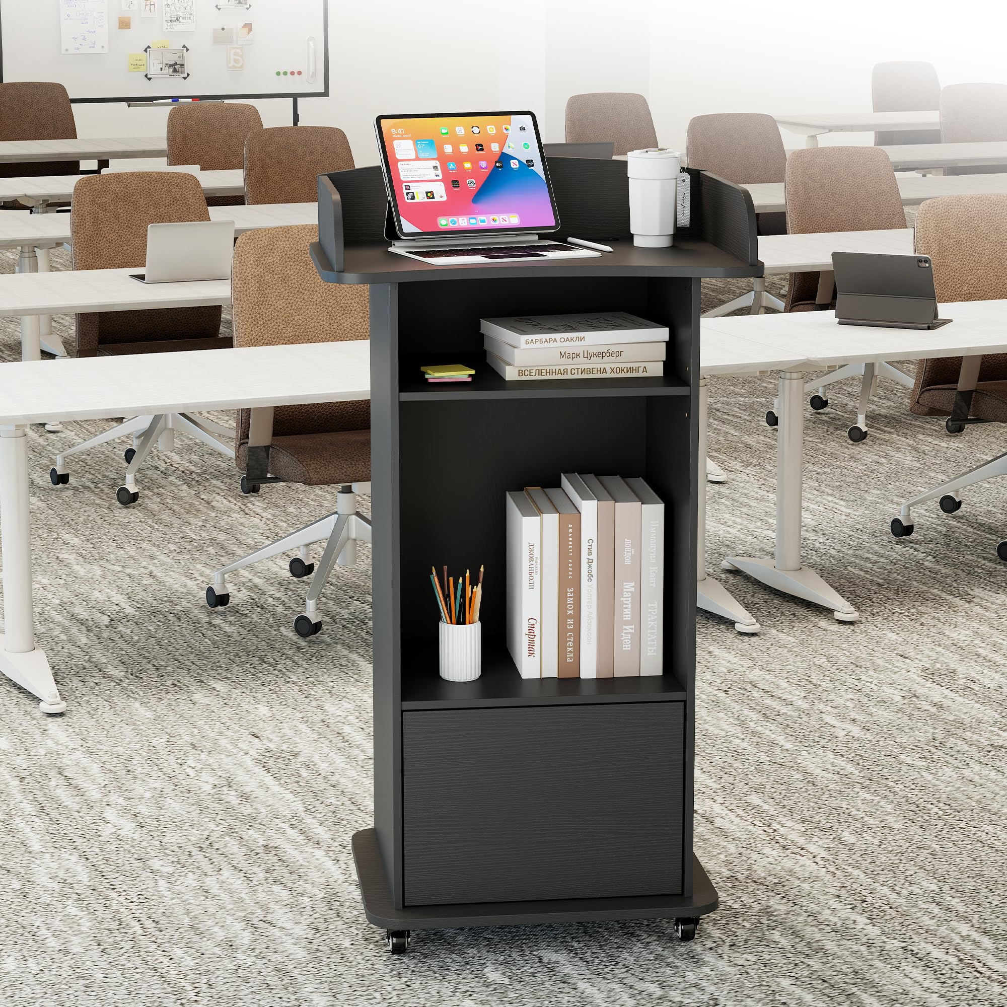 Podium Stand with Metal Wheels Wooden Lectern Podium Stand Portable Pulpit Standing with Storage Mobile Reception Podiums Desk for Church Office School Conference Restaurant Meeting, Black